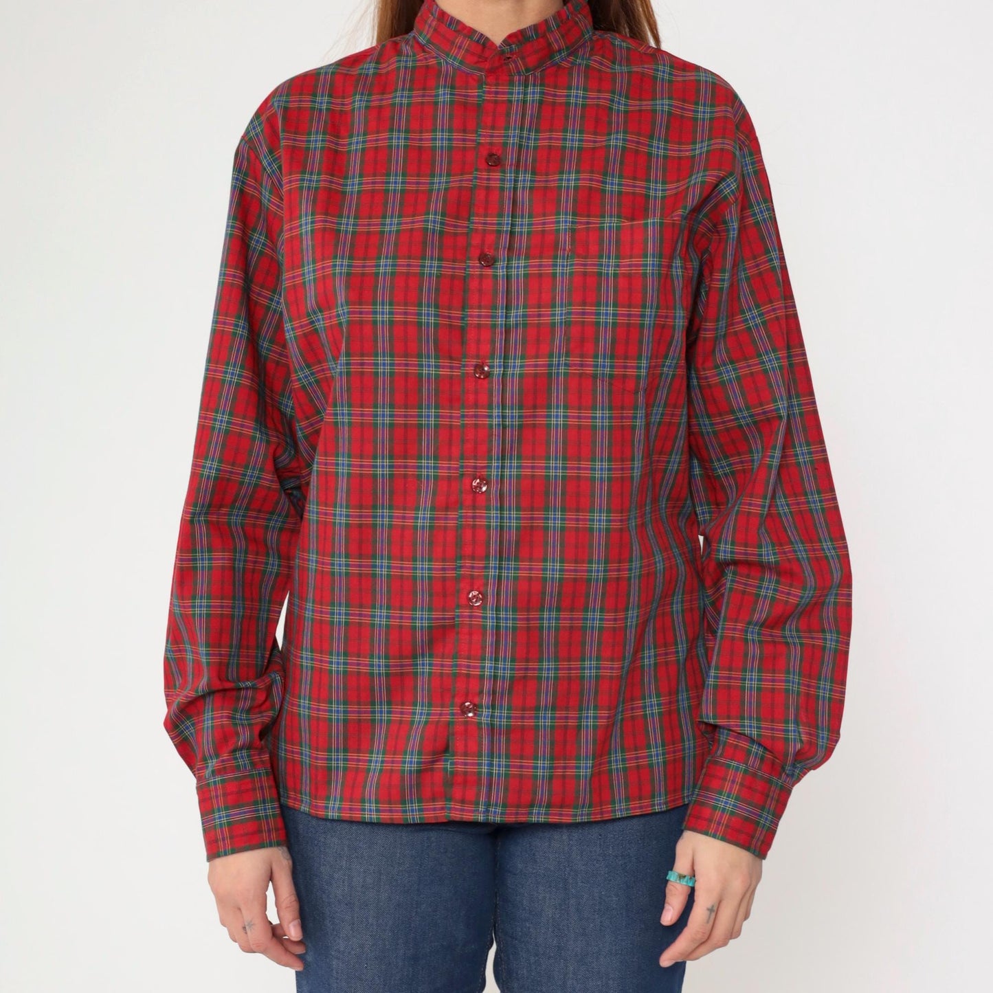 80s Red Plaid Button-Up Blouse Ruffled Collar Long Sleeve Medium M