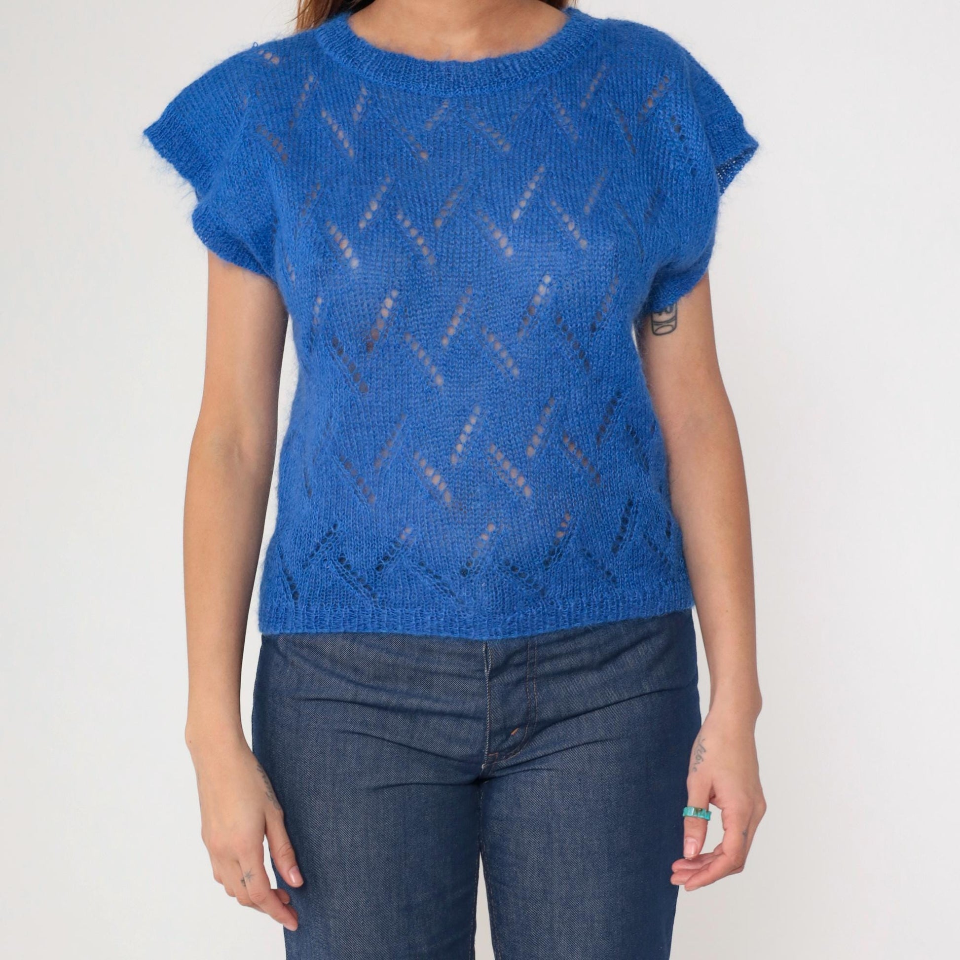80s Jeanne Pierre Mohair Pointelle Sweater Top Royal Blue Cap Sleeve Small