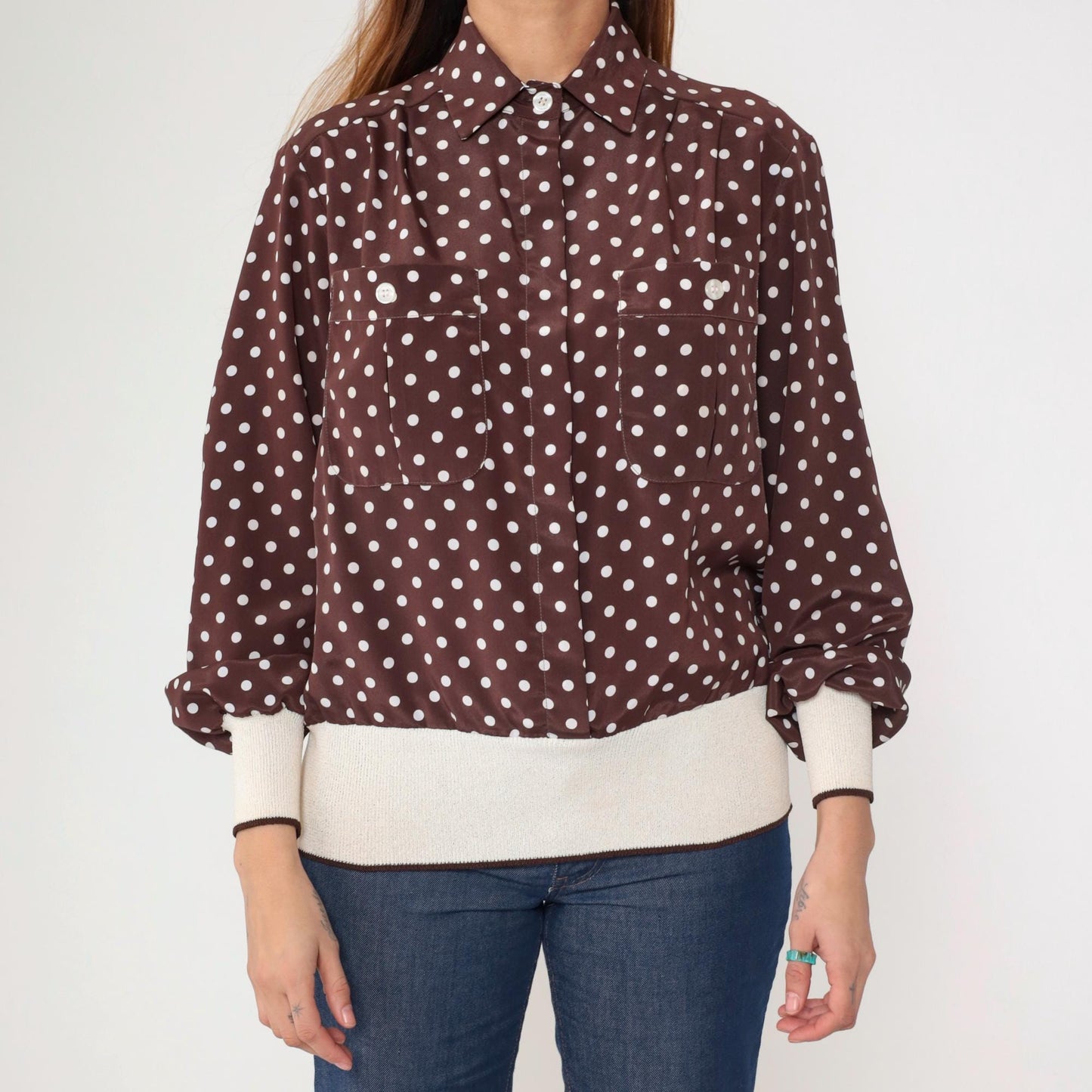 80s Brown Polka Dot Button-Up Blouse Long Sleeve Banded Hem Large