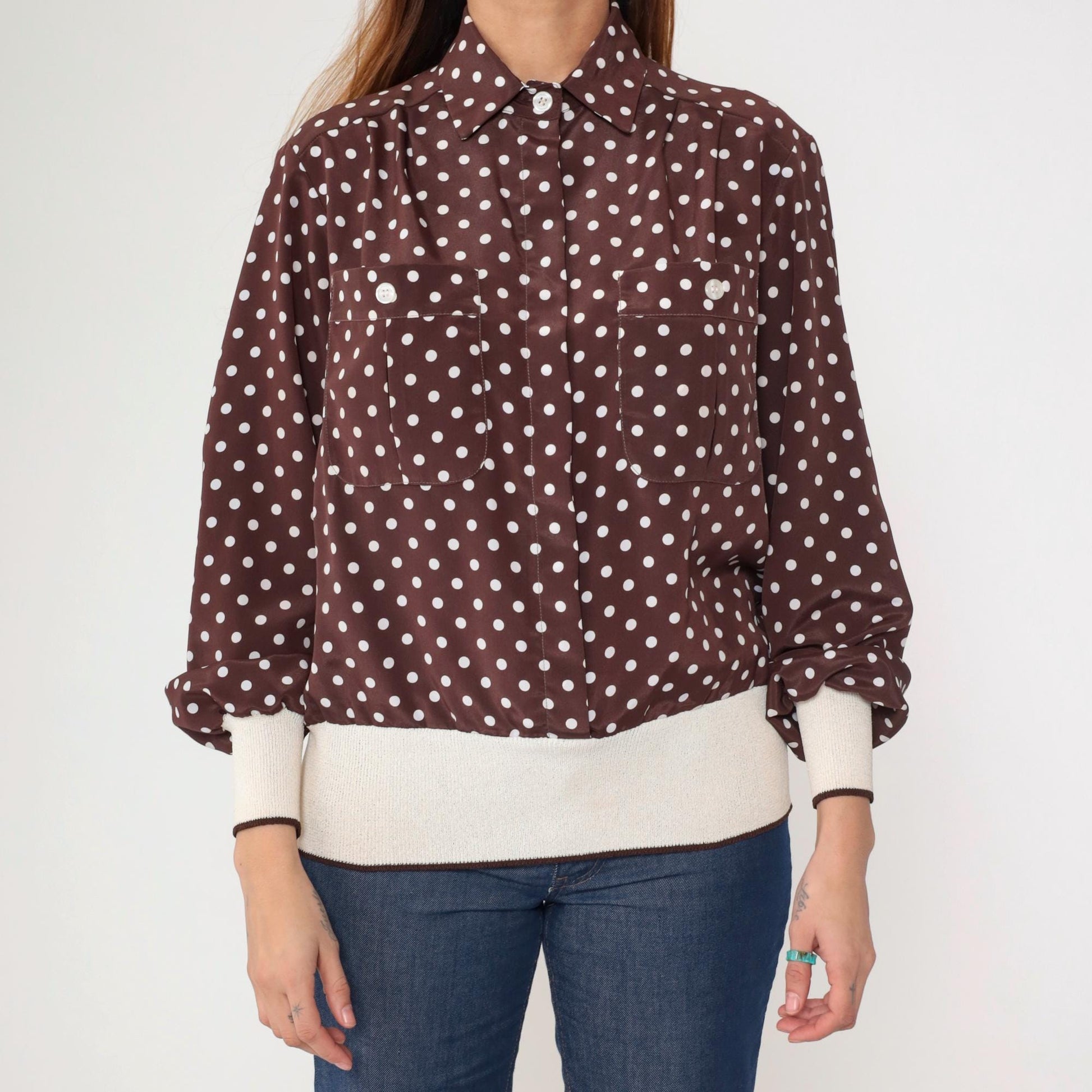 80s Brown Polka Dot Button-Up Blouse Long Sleeve Banded Hem Large