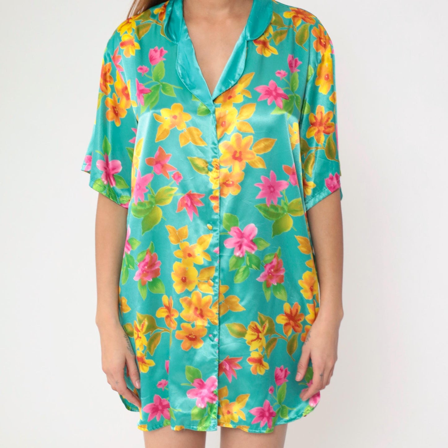 90s Victoria's Secret Aqua Floral Satin Nightgown Button-Up Mini Medium M