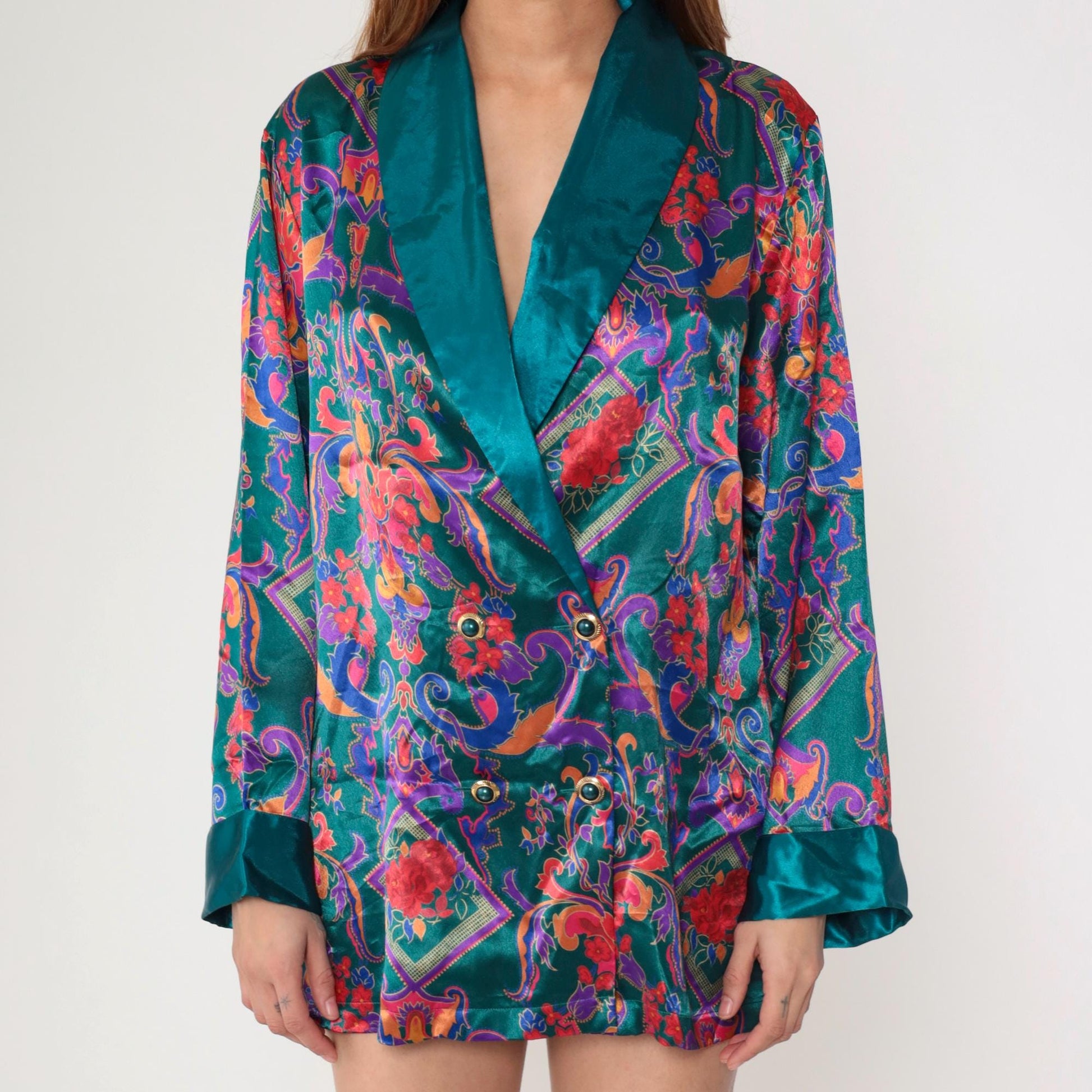 90s Victoria's Secret Teal Satin Pajama Top Baroque Floral Double Breasted Medium