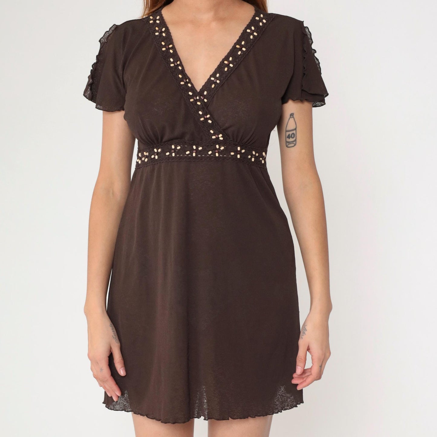 Y2K Style & Co Brown Burnout Babydoll Mini Dress Beaded Flutter Sleeve Small