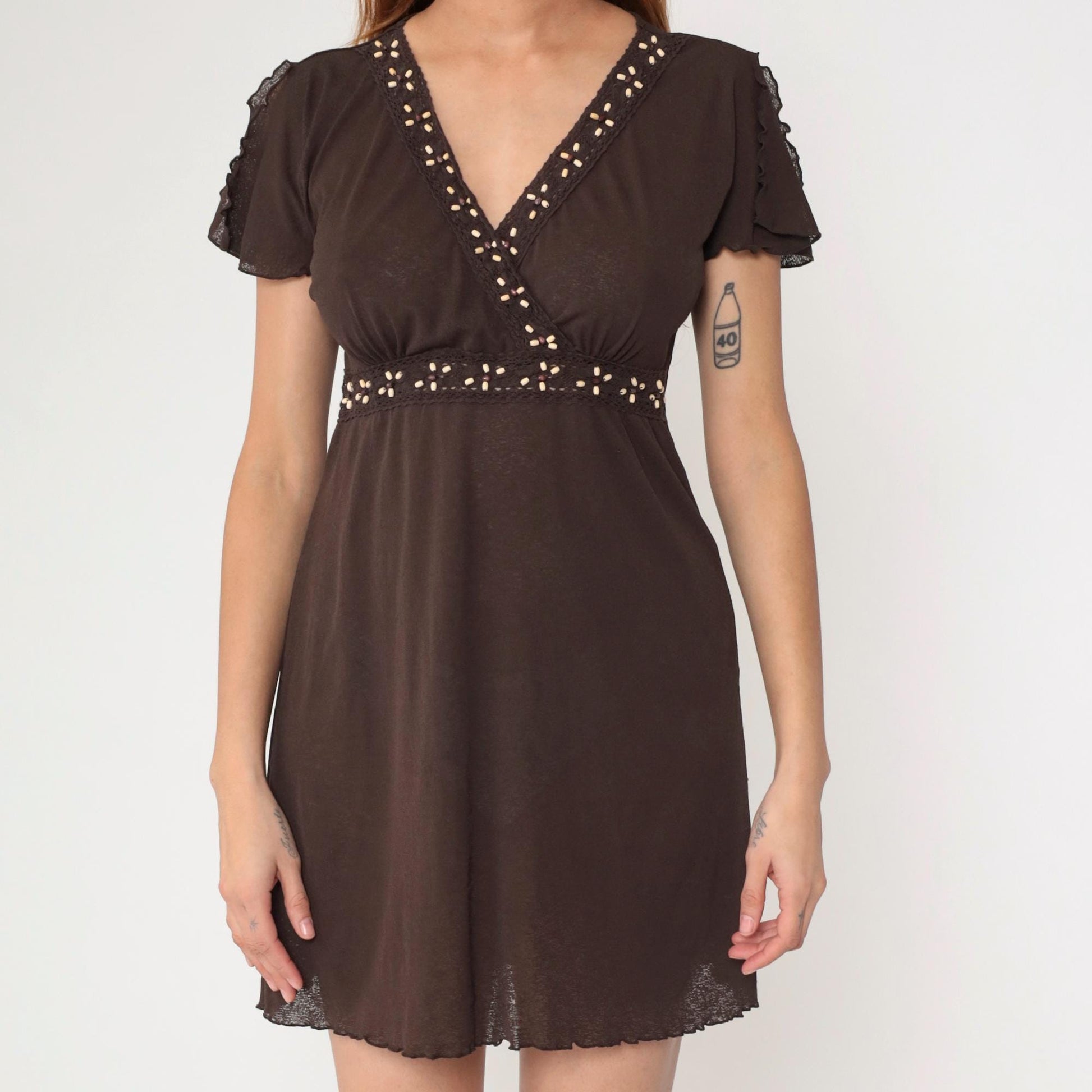 Y2K Style & Co Brown Burnout Babydoll Mini Dress Beaded Flutter Sleeve Small