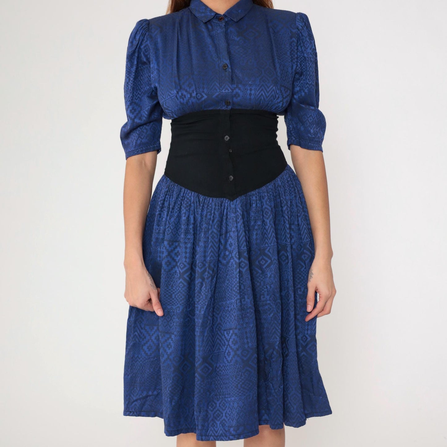 80s Lady Ann Blue Geometric Midi Dress Cinched Waist Puff Sleeve Small S