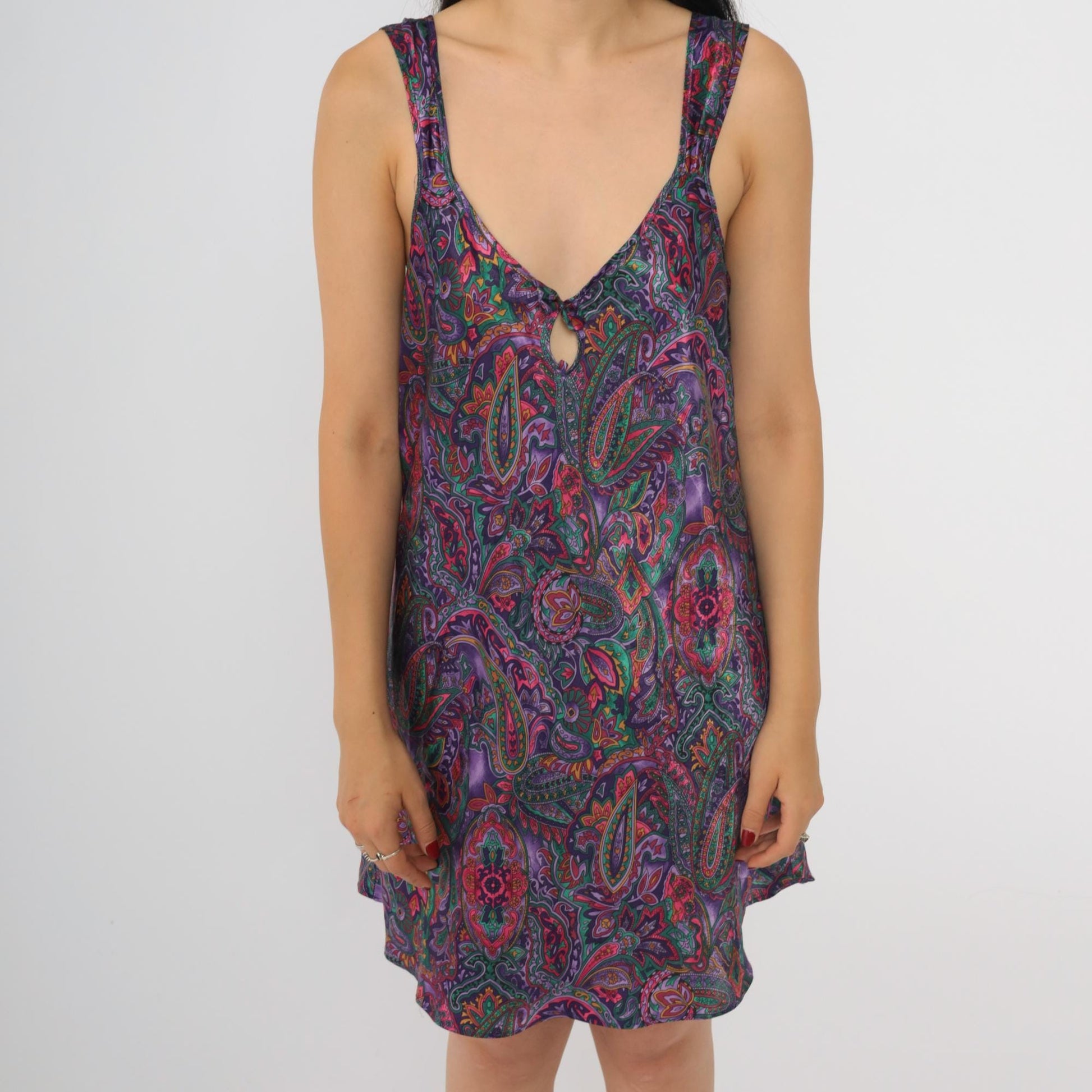 90s Purple Paisley Satin Slip Dress Keyhole V-Neck Mini Chemise Medium