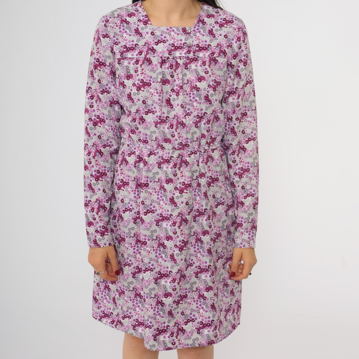 70s Purple Floral Abstract Mini Dress Long Sleeve High Waist Square Neck Small