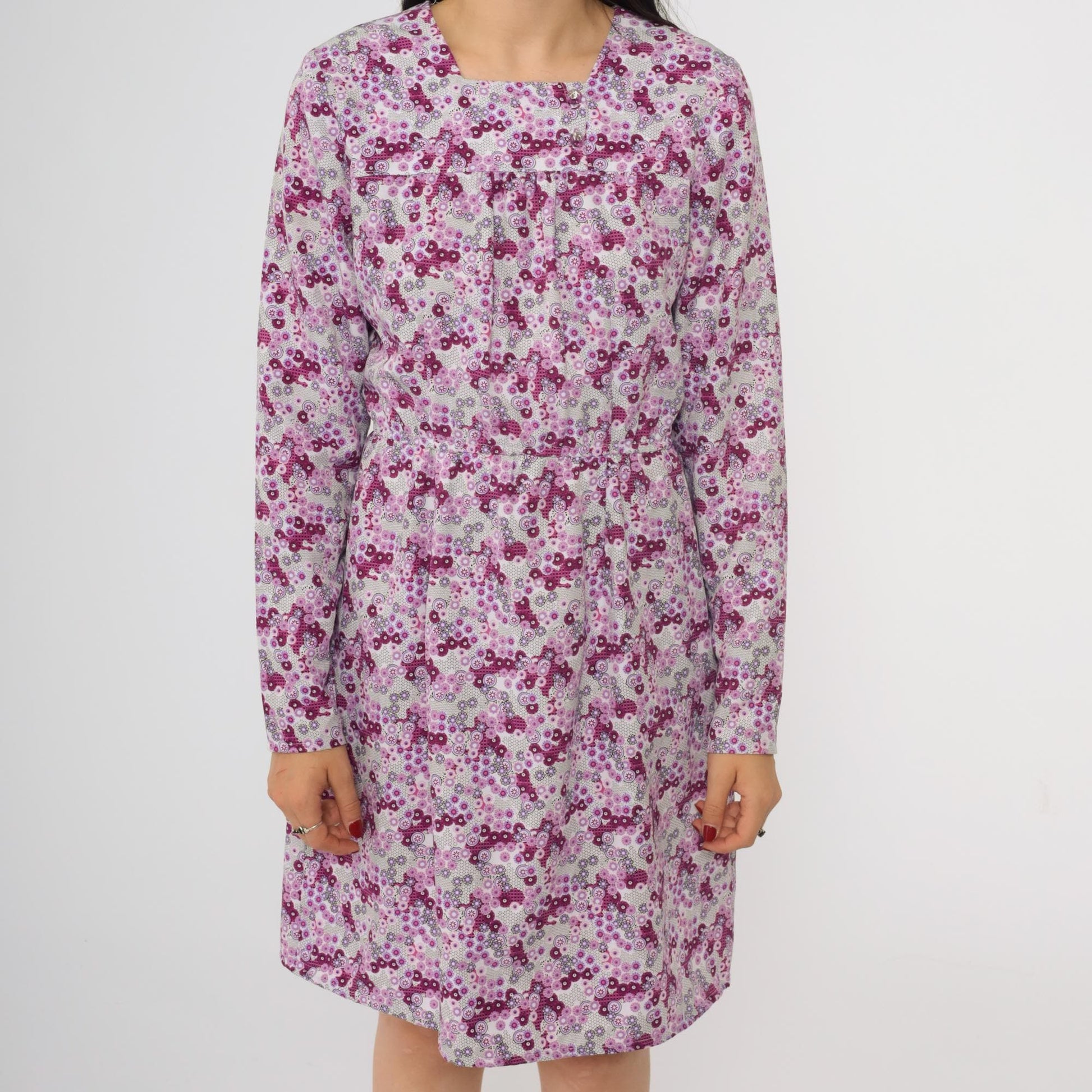 70s Purple Floral Abstract Mini Dress Long Sleeve High Waist Square Neck Small