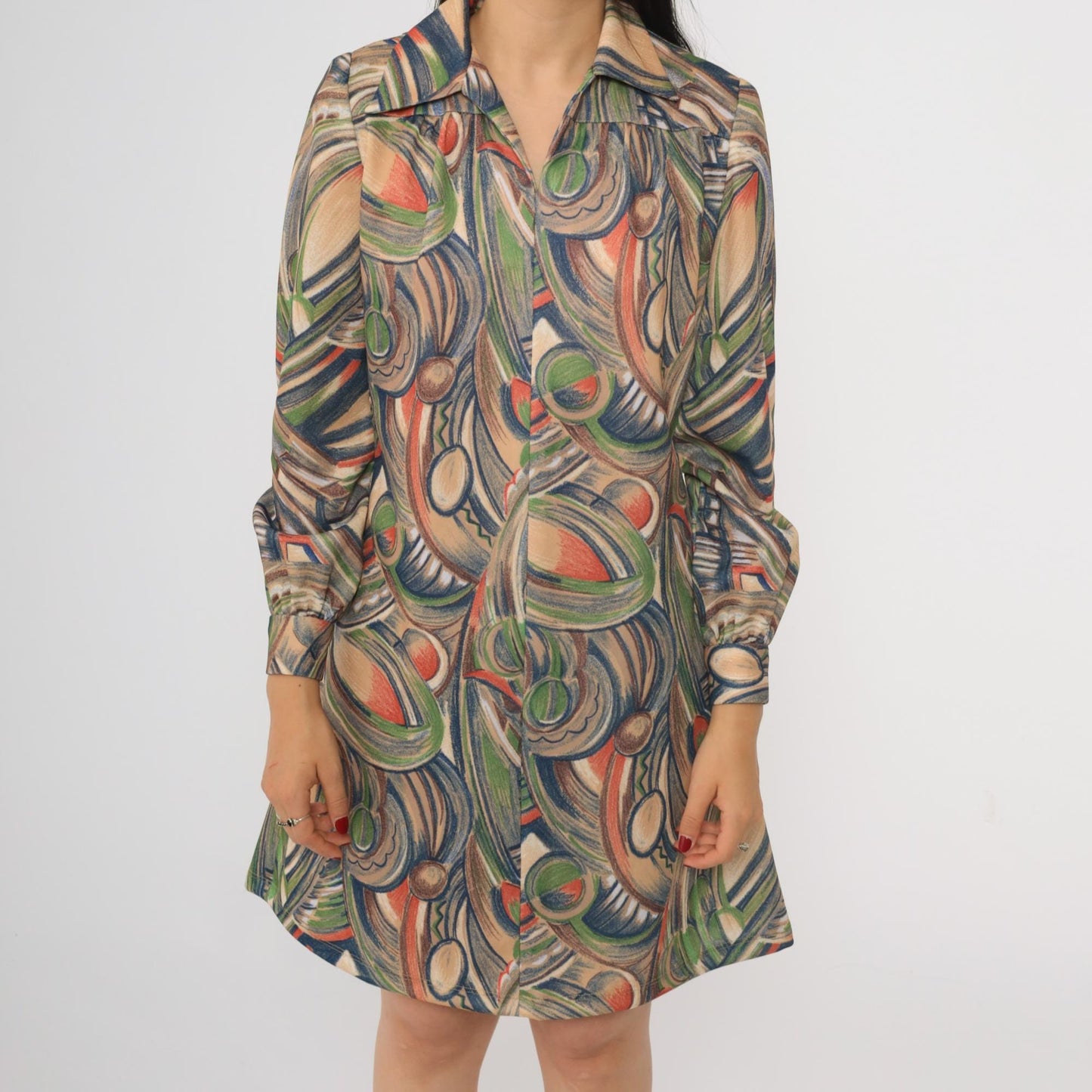 70s Geometric Abstract Print Shift Dress Long Sleeve Mini Length Medium M