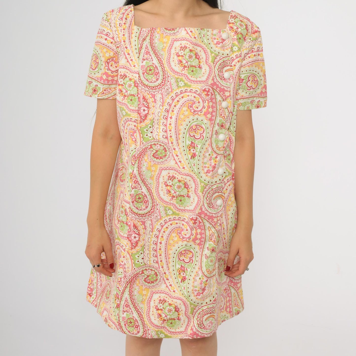 90s Paisley Mini Dress Psychedelic Print Asymmetrical Button Shift Medium Large