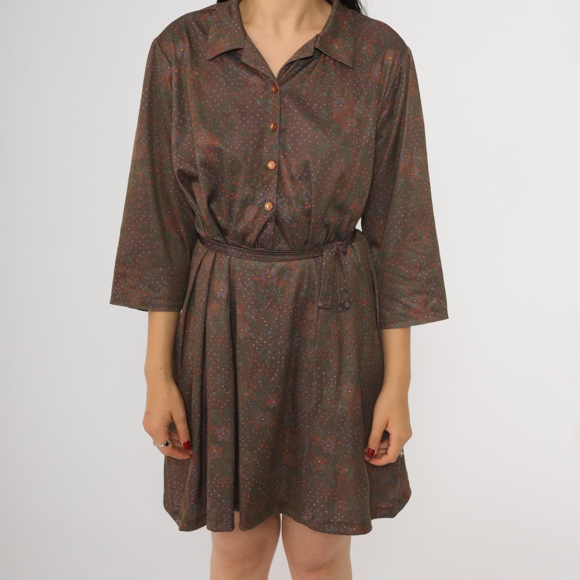 70s Brown Floral Mini Shirtdress Button-Up 3/4 Sleeve High Waist Extra Large