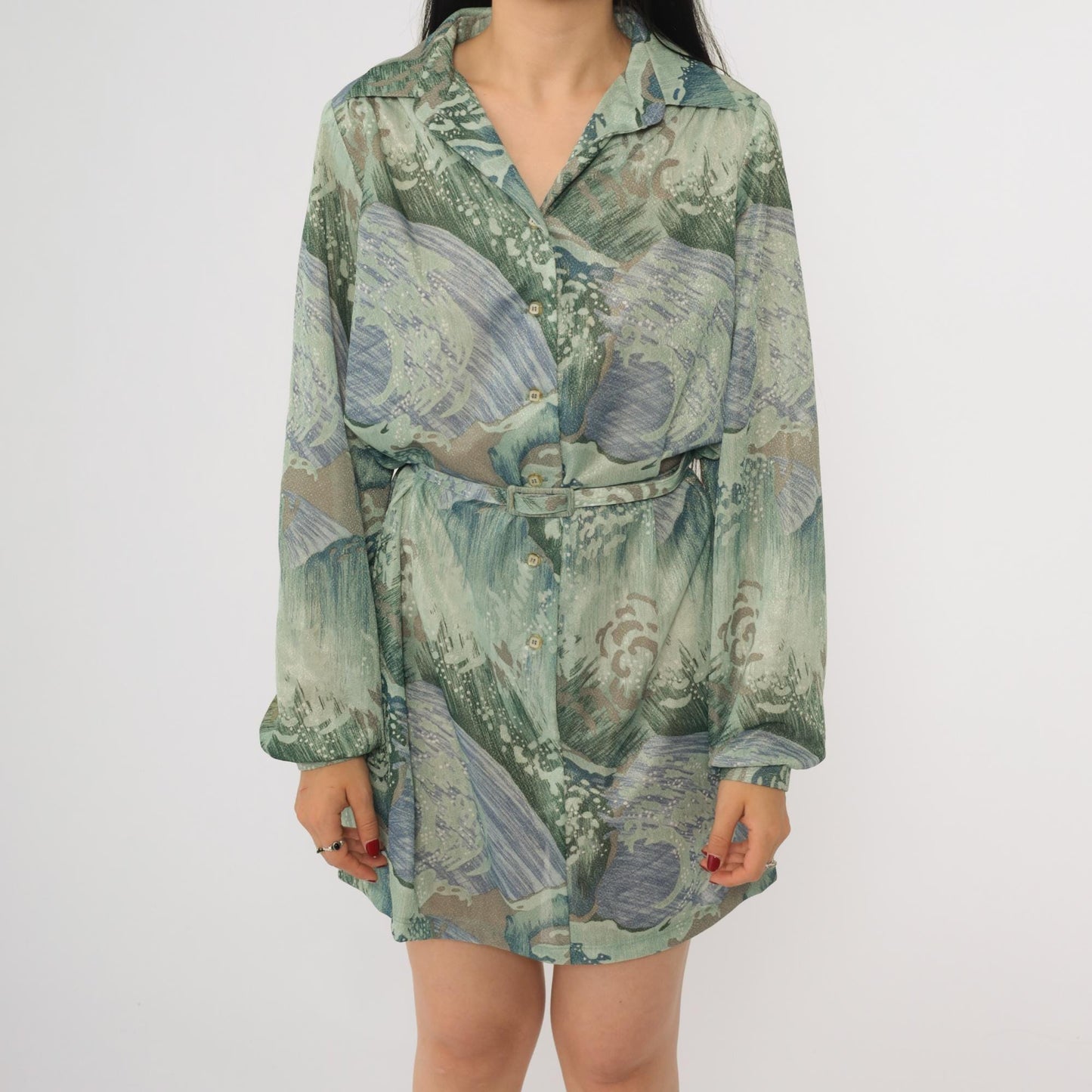 70s Abstract Wave Print Mini Shift Dress Button Up Long Sleeve Green Blue Medium M