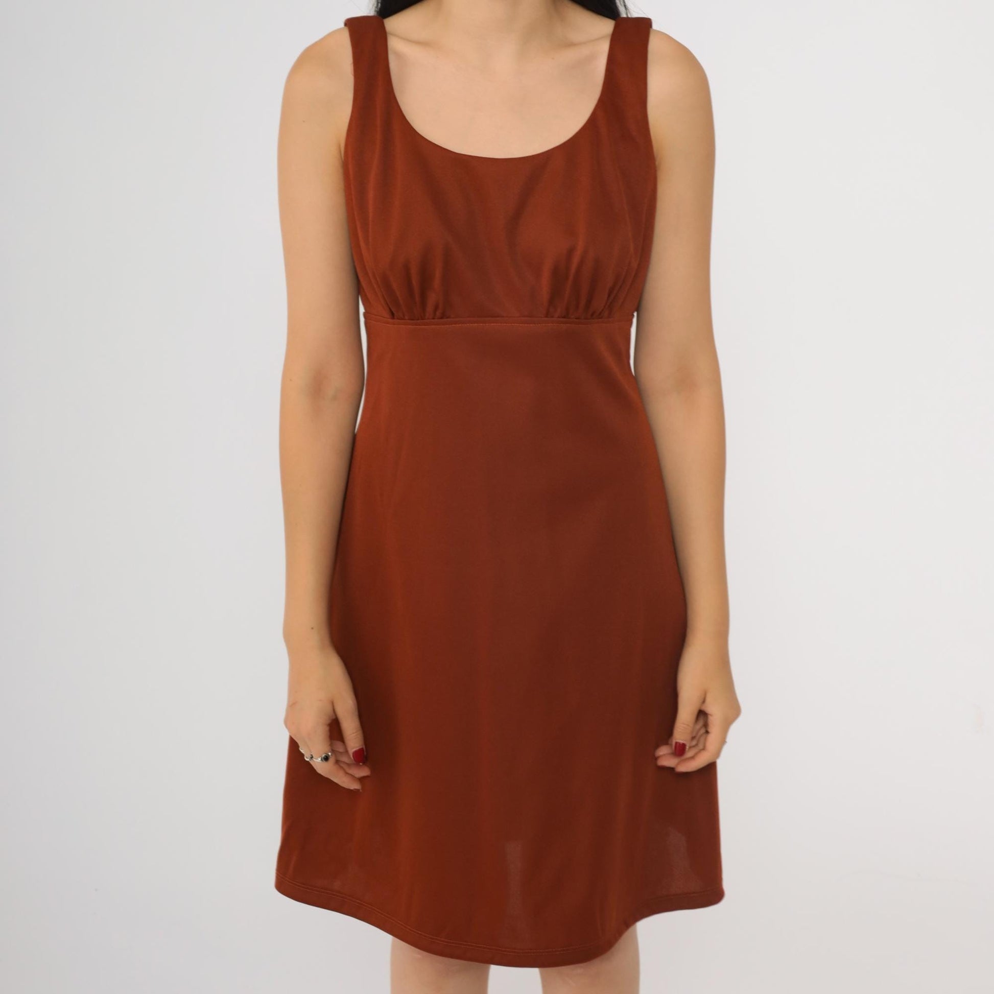 1970s Rust Brown Babydoll Mini Dress Empire Waist Scoop Neck Sleeveless Small