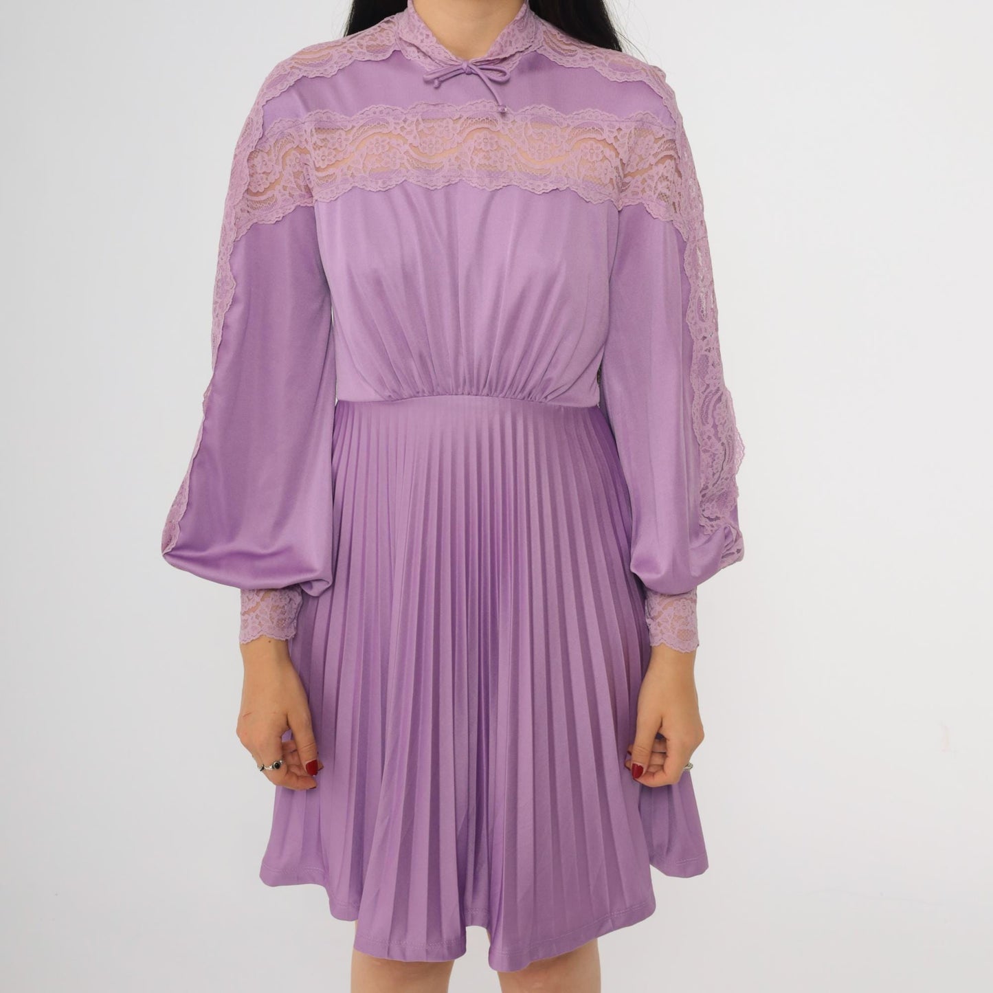 70s Purple Lace Mini Dress High Waist Pleated Long Sleeve Bow Neckline Extra Small
