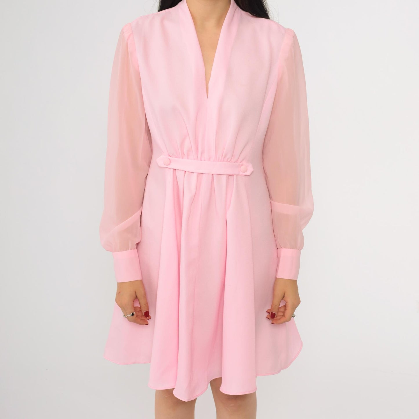 70s Pink Mini Dress V-Neck Sheer Chiffon Sleeve High Waist Gathered Medium