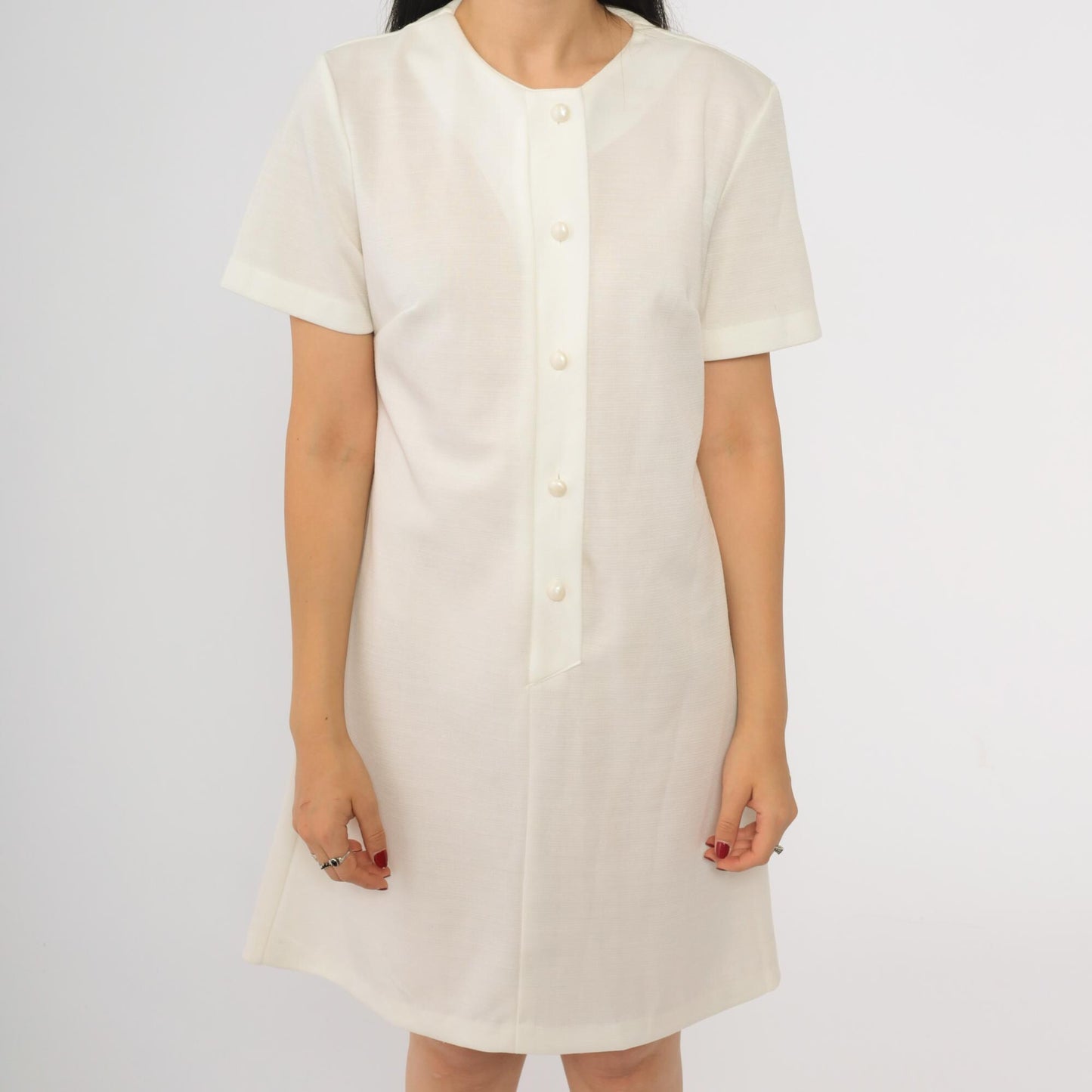 1970s White Shift Mini Dress Button-Up Short Sleeve Shirtdress Medium Large