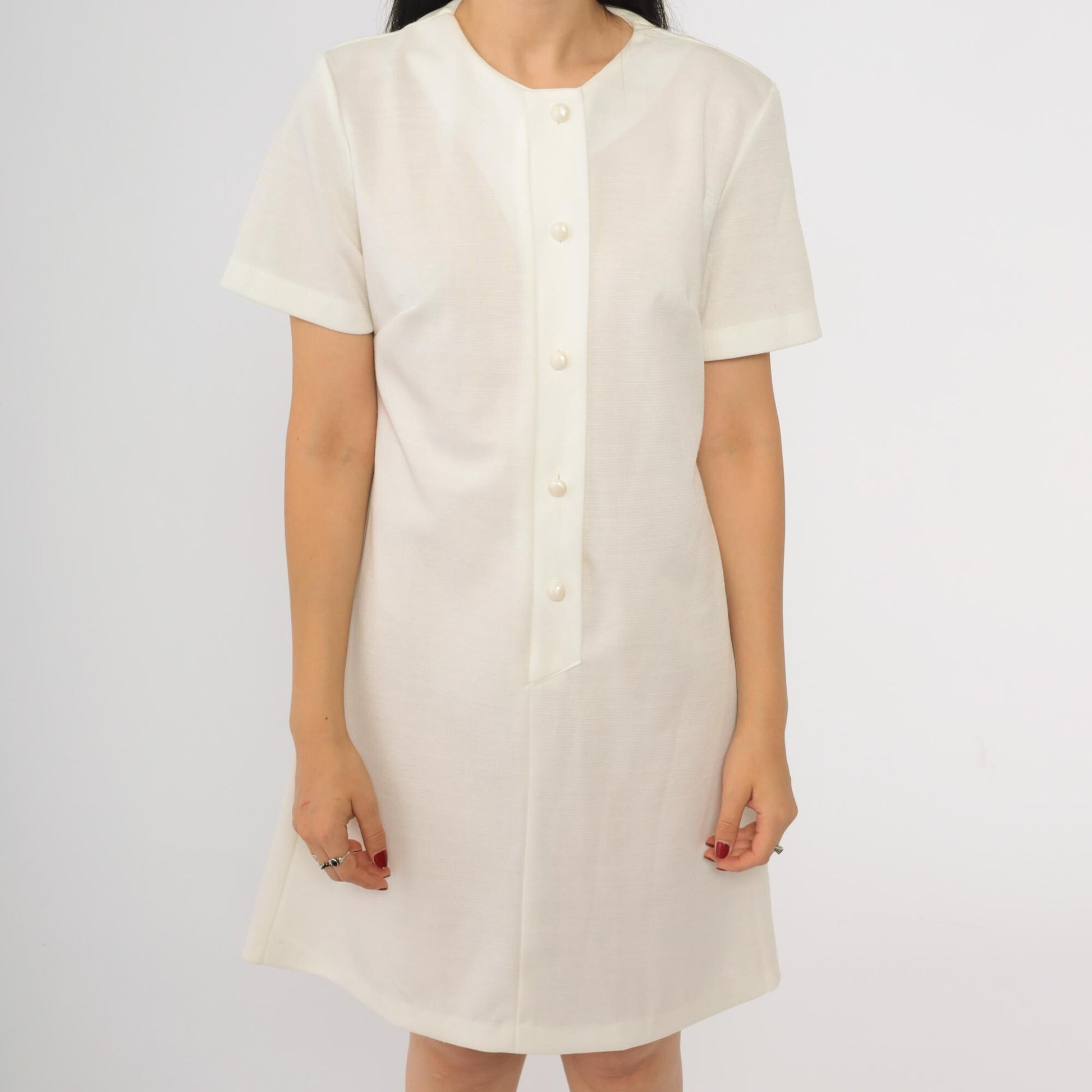 1970s White Shift Mini Dress Button-Up Short Sleeve Shirtdress Medium Large