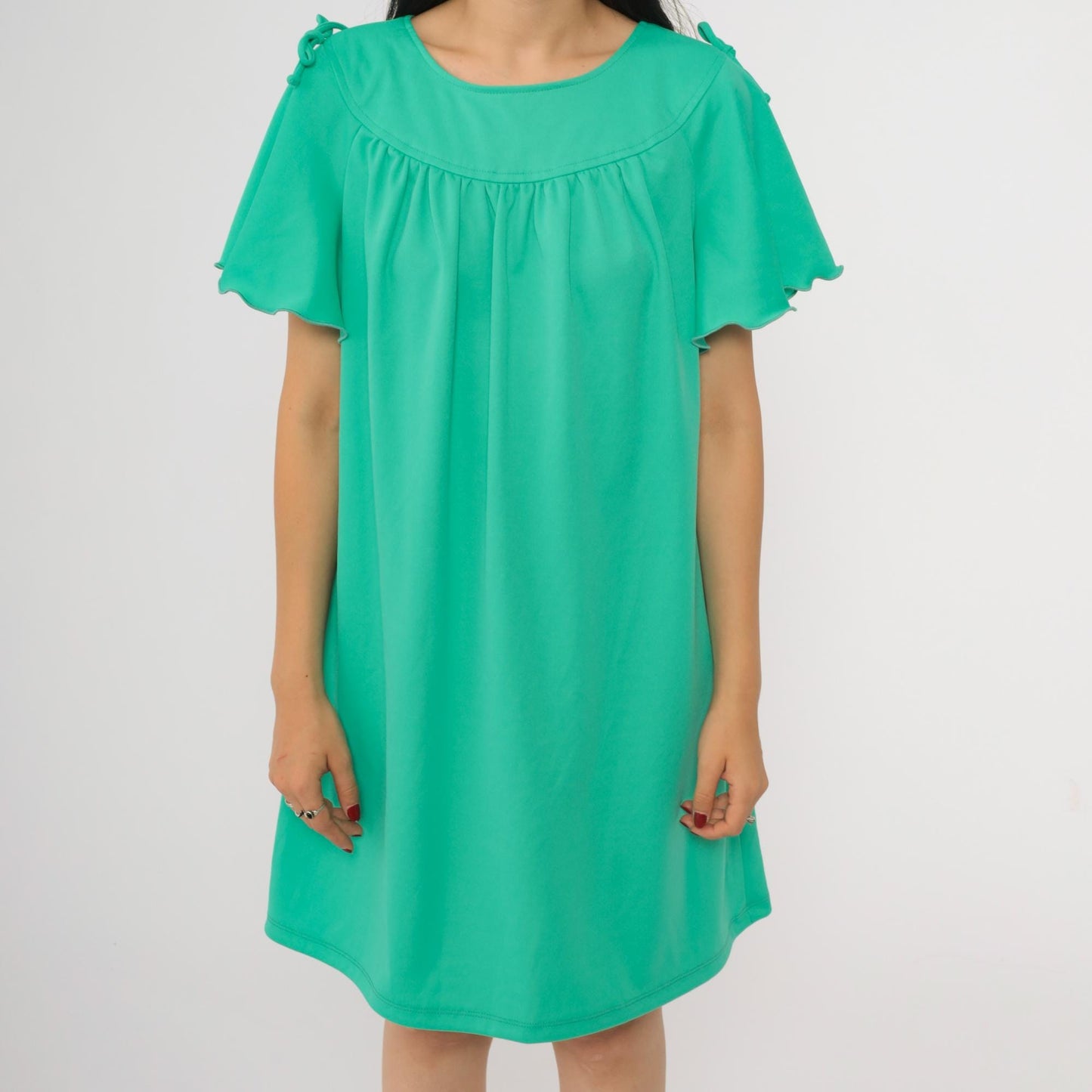 70s Green Flutter Sleeve Mini Dress Tent Cut Lettuce Edge Large L