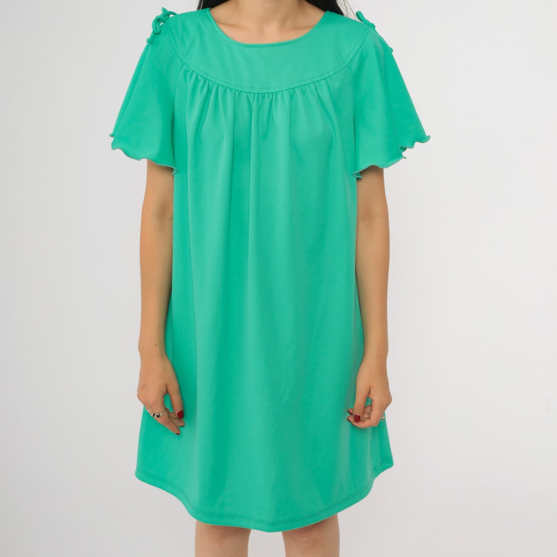 70s Green Flutter Sleeve Mini Dress Tent Cut Lettuce Edge Large L