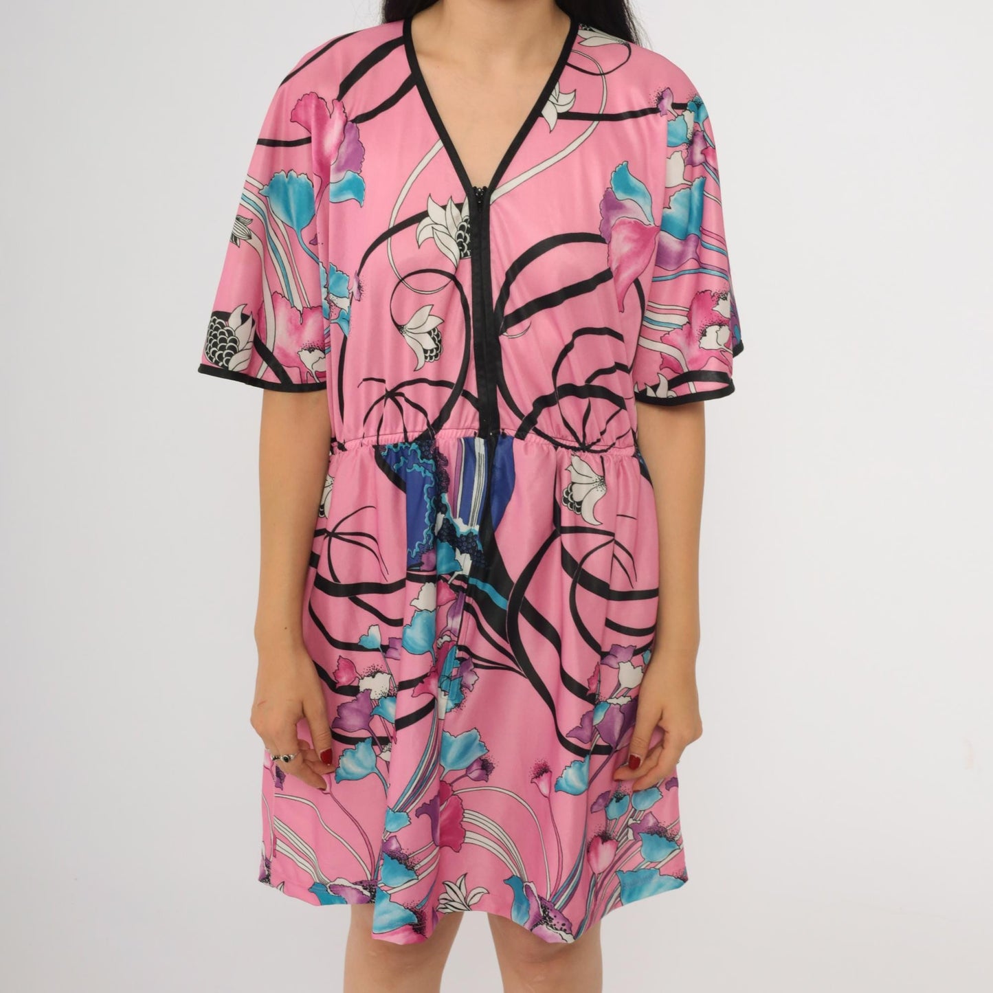 70s Pink Floral Mini Dress V Neck Flutter Sleeve High Waist Zip Front Medium