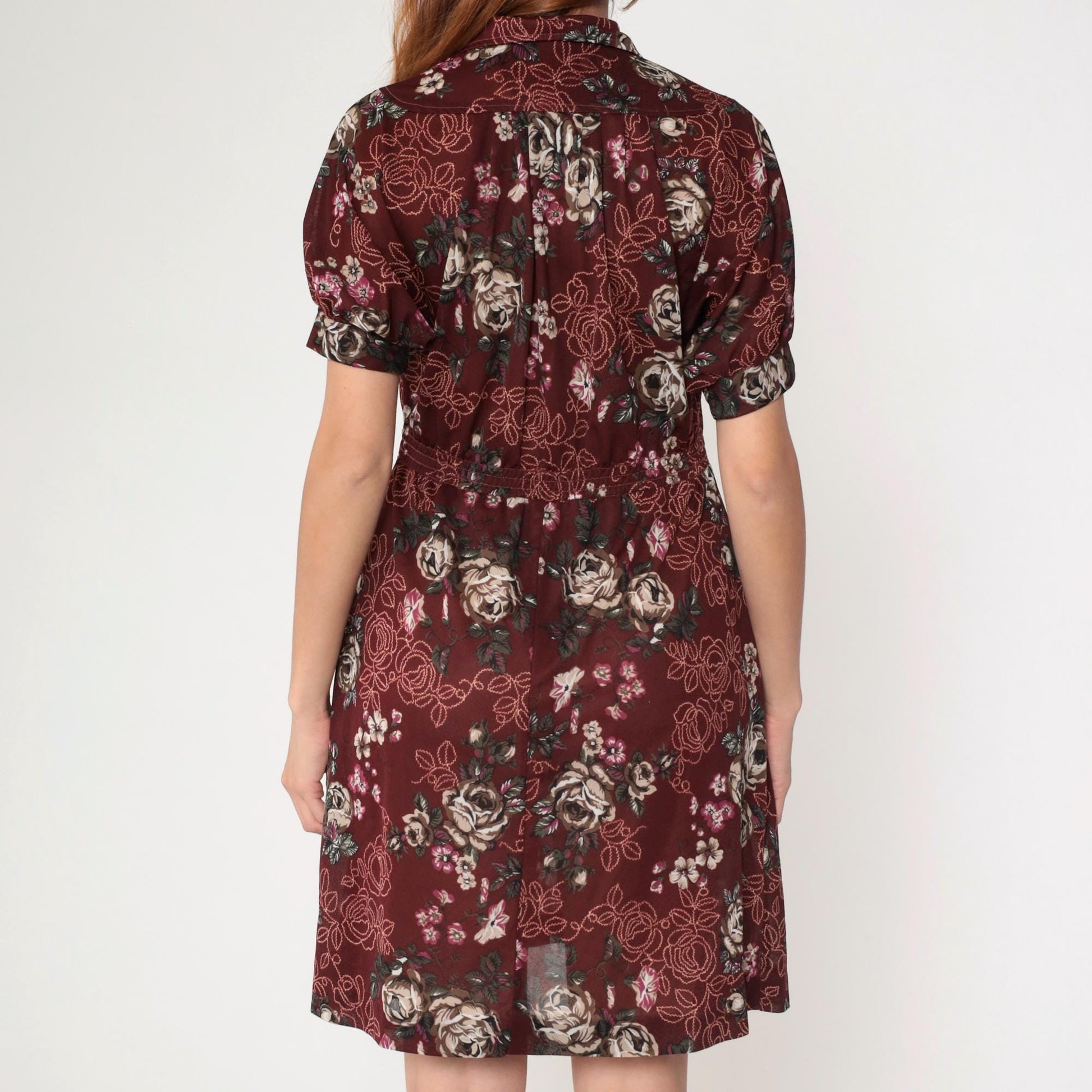 70s Maroon Floral Mini Dress High Waist Puff Sleeve Button Up Small Medium