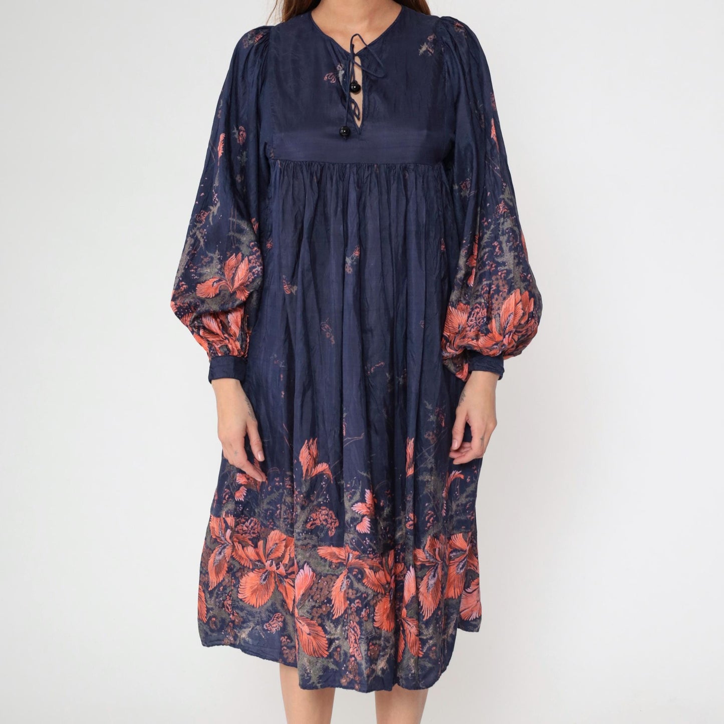 70s Phool Silk Dress Navy Blue Floral Block Print Empire Waist Midi Small
