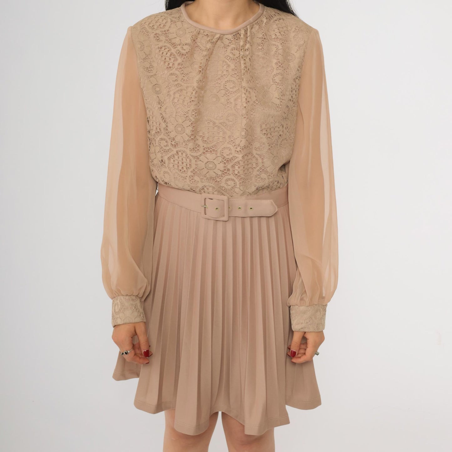 70s Taupe Lace Crochet Mini Dress High Waist Pleated Chiffon Sleeve Small