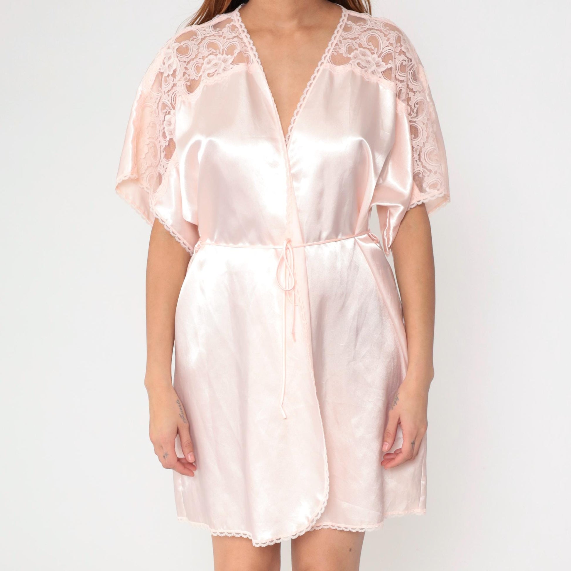 80s Baby Pink Satin Pajama Robe Lace Trim Wrap Belted Mini Medium