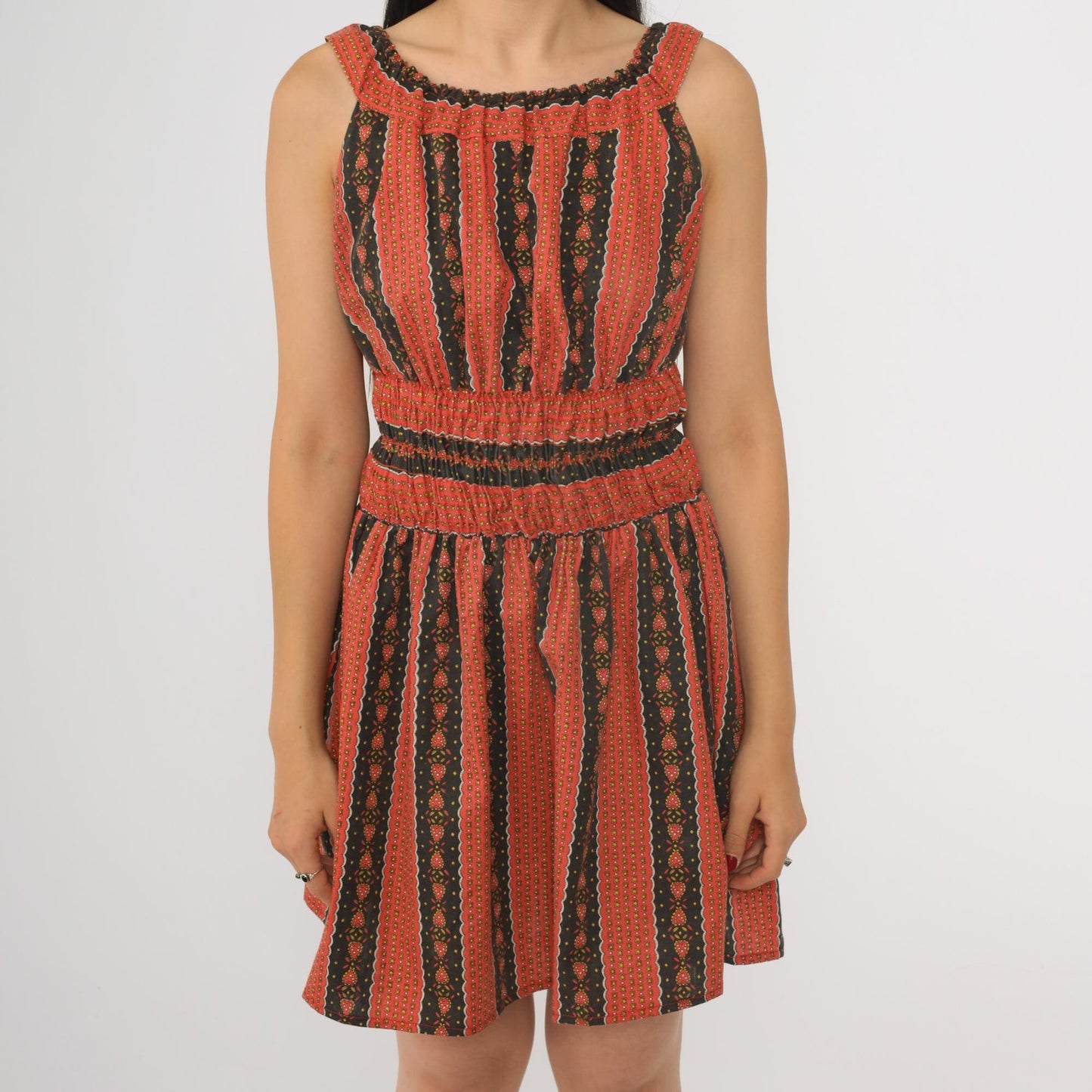 70s Heart Print Striped Peasant Dress Red Black Mini Sleeveless Small S