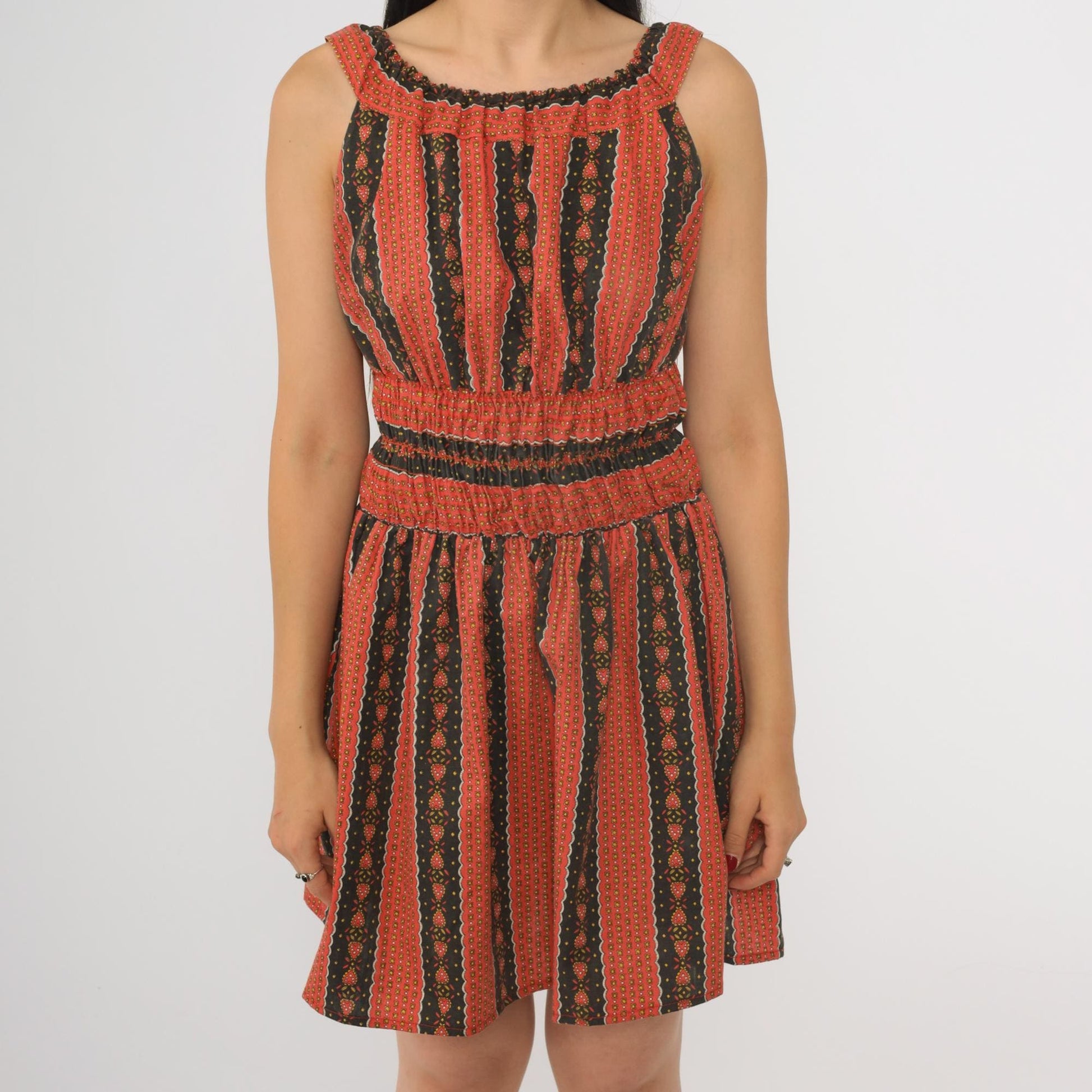 70s Heart Print Striped Peasant Dress Red Black Mini Sleeveless Small S