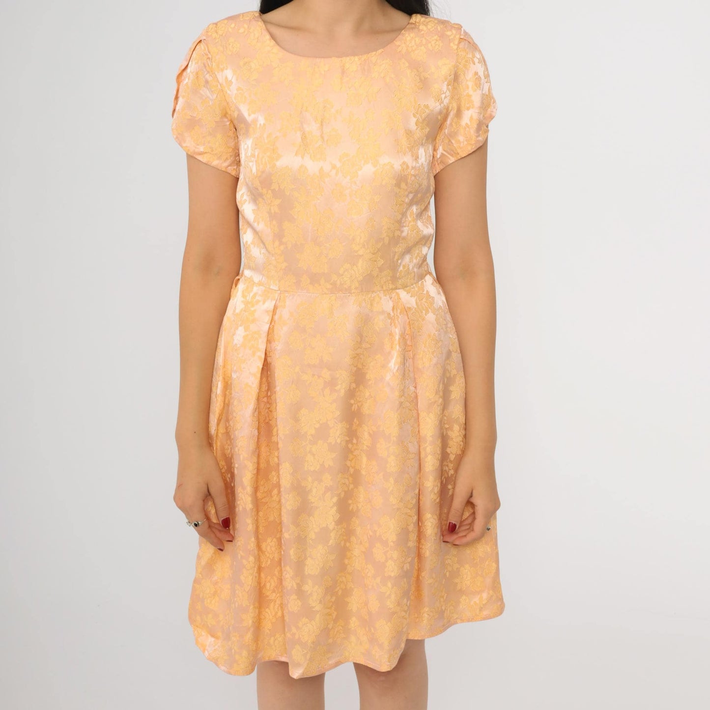 1960s Peach Yellow Floral Jacquard Party Dress Tulip Sleeve Mini Extra Small