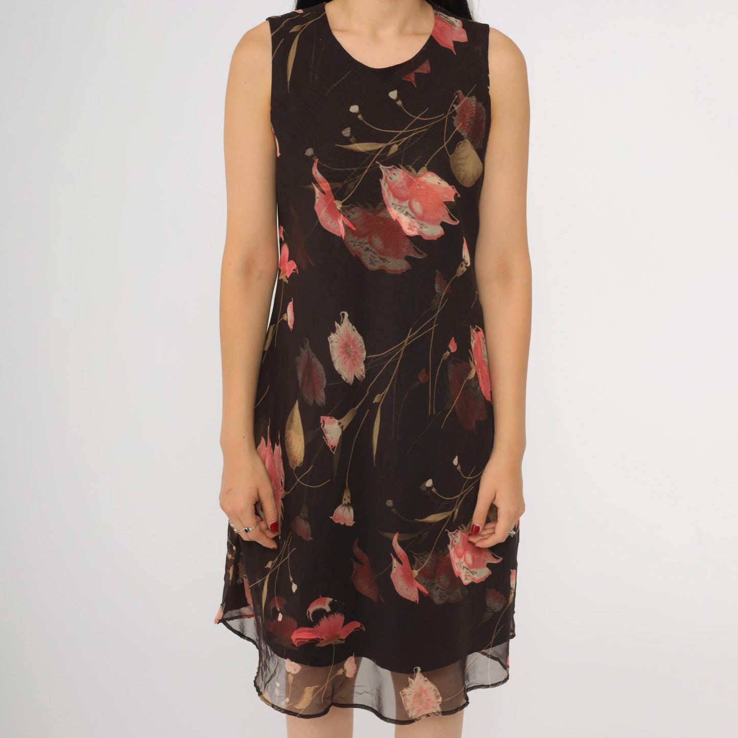 90s Jessica Howard Brown Floral Chiffon Midi Dress Sleeveless Medium M