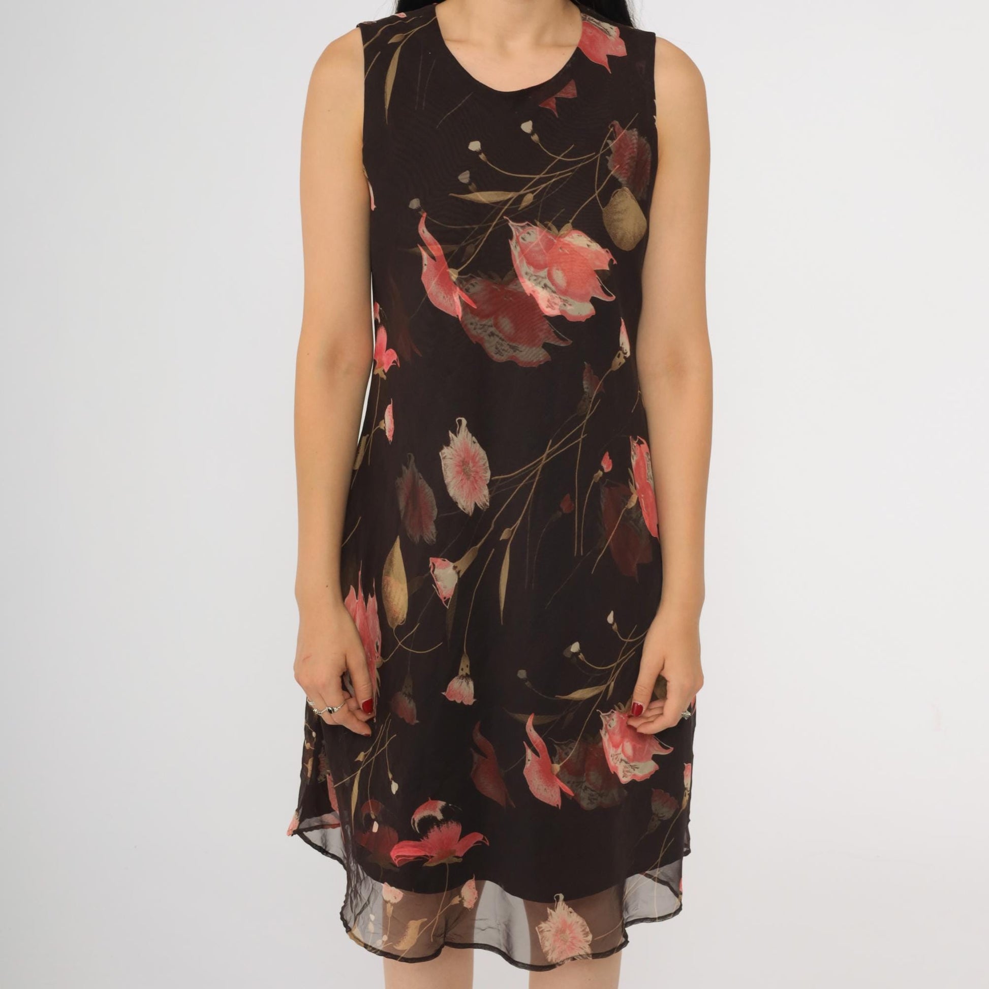 90s Jessica Howard Brown Floral Chiffon Midi Dress Sleeveless Medium M
