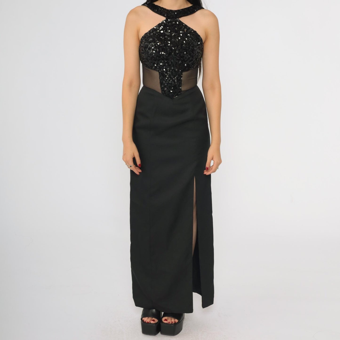 90s Black Sequin Halter Evening Gown Open Back High Slit Mesh Inset Extra Small