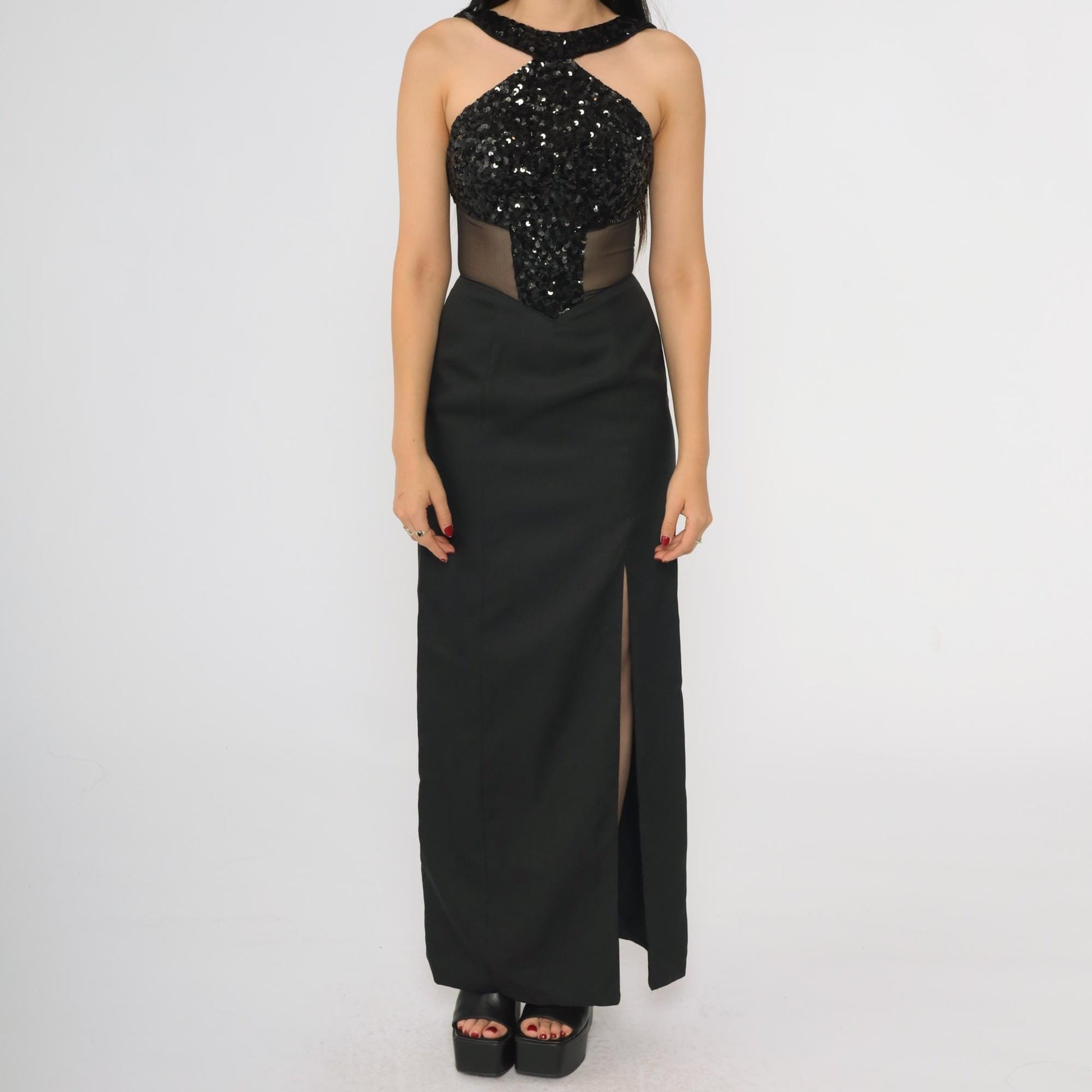 90s Black Sequin Halter Evening Gown Open Back High Slit Mesh Inset Extra Small