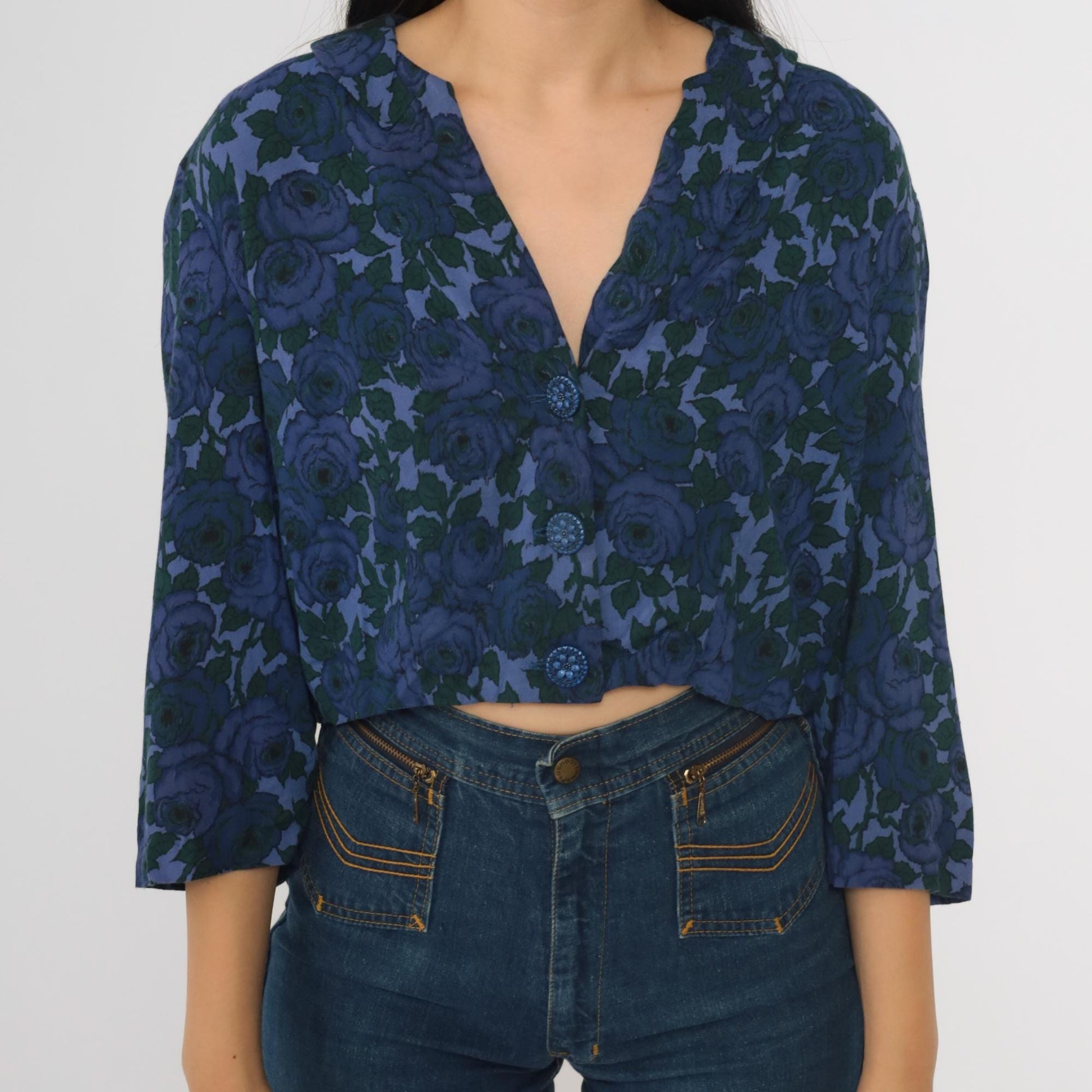 60s Floral Cropped Blouse Dark Blue Button-Up Collar Shirt 3/4 Sleeve Medium M