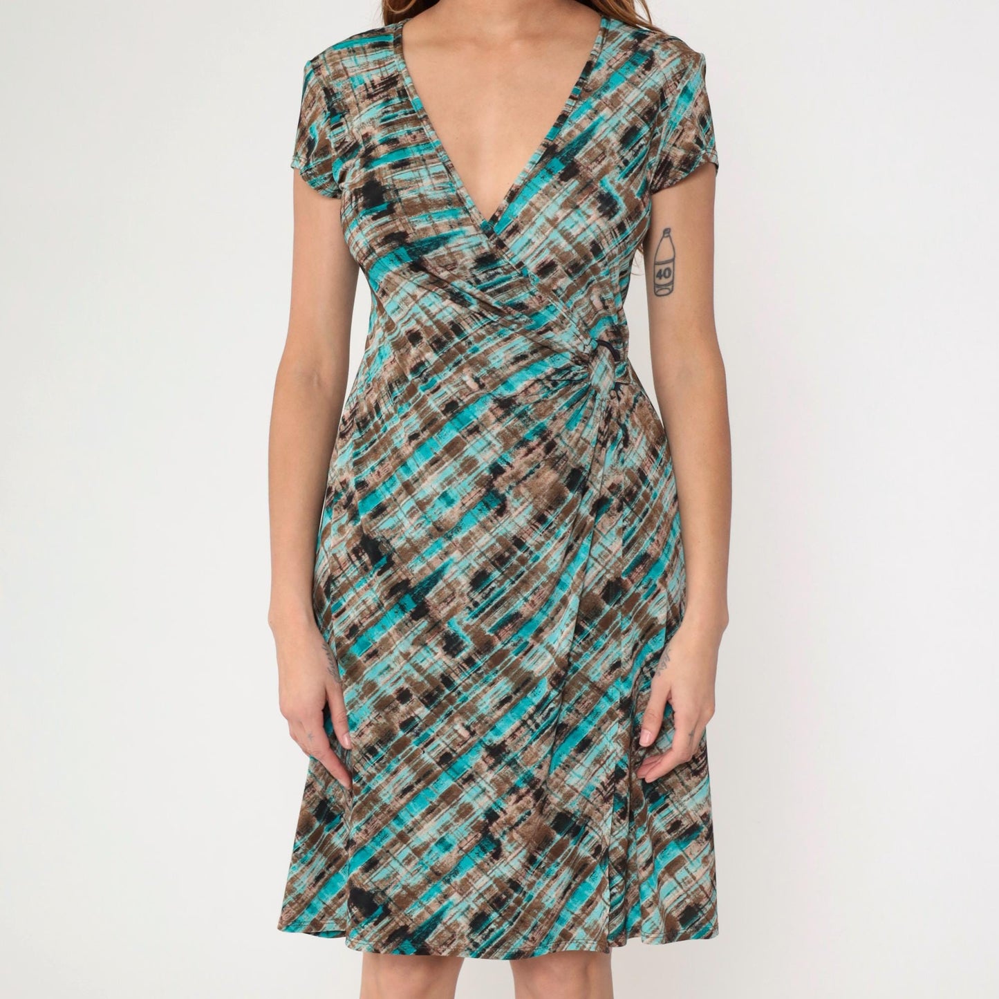 Y2K Abstract Striped Midi Wrap Dress Turquoise Brown Short Sleeve Small 6