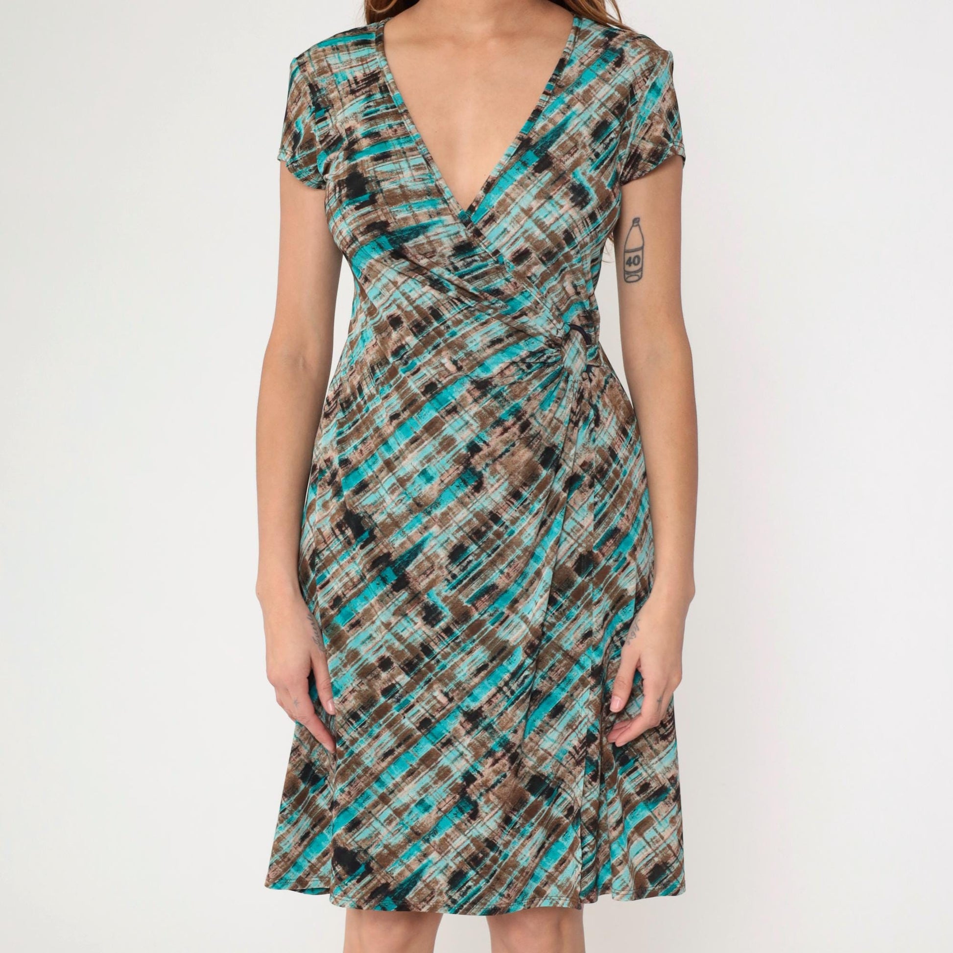 Y2K Abstract Striped Midi Wrap Dress Turquoise Brown Short Sleeve Small 6
