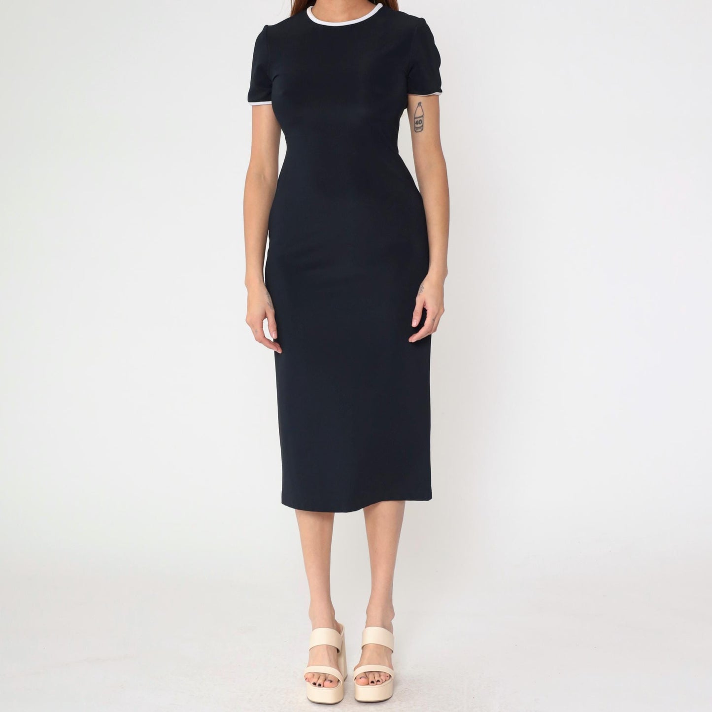 90s Black Bodycon Midi Dress White Ringer Trim Short Sleeve Small