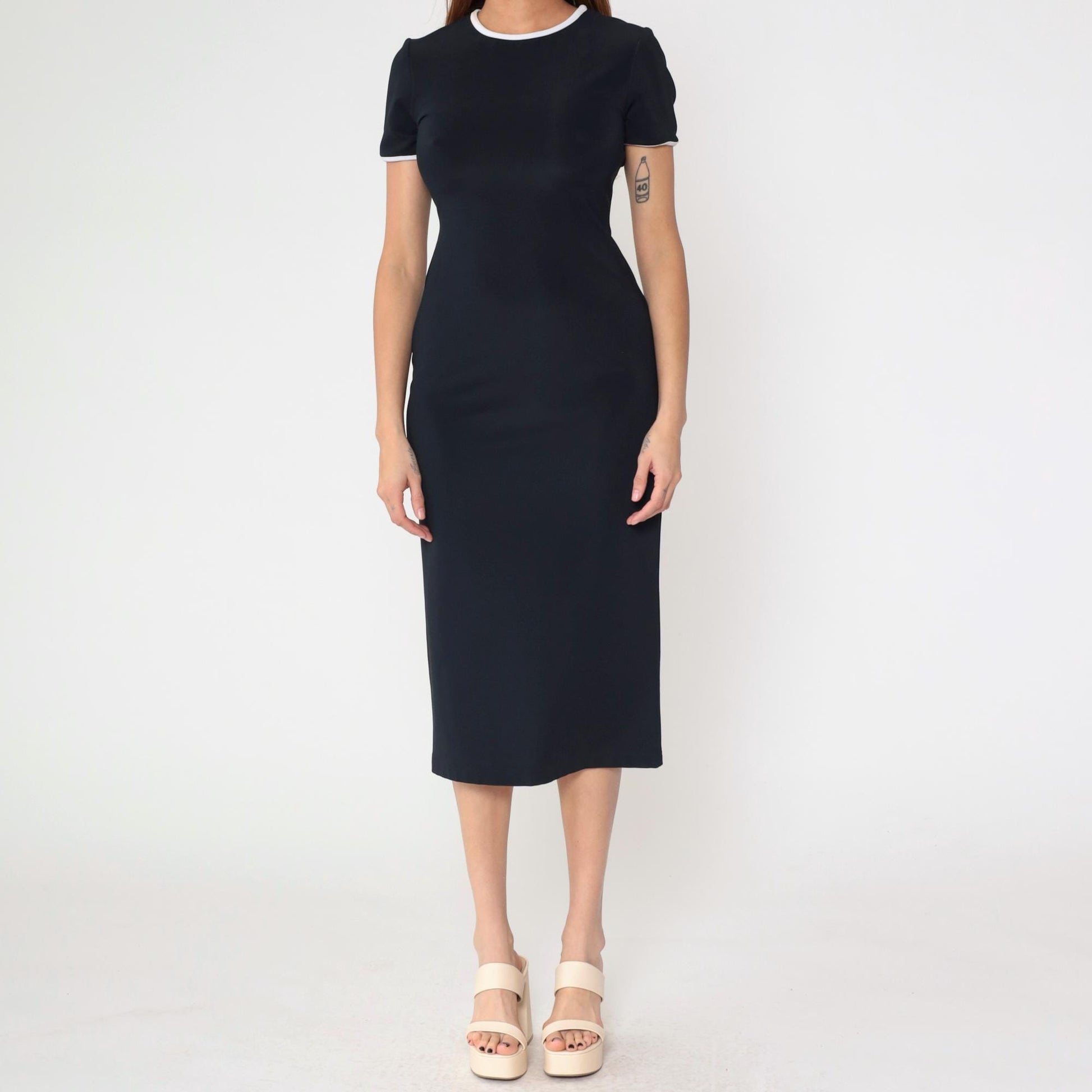 90s Black Bodycon Midi Dress White Ringer Trim Short Sleeve Small