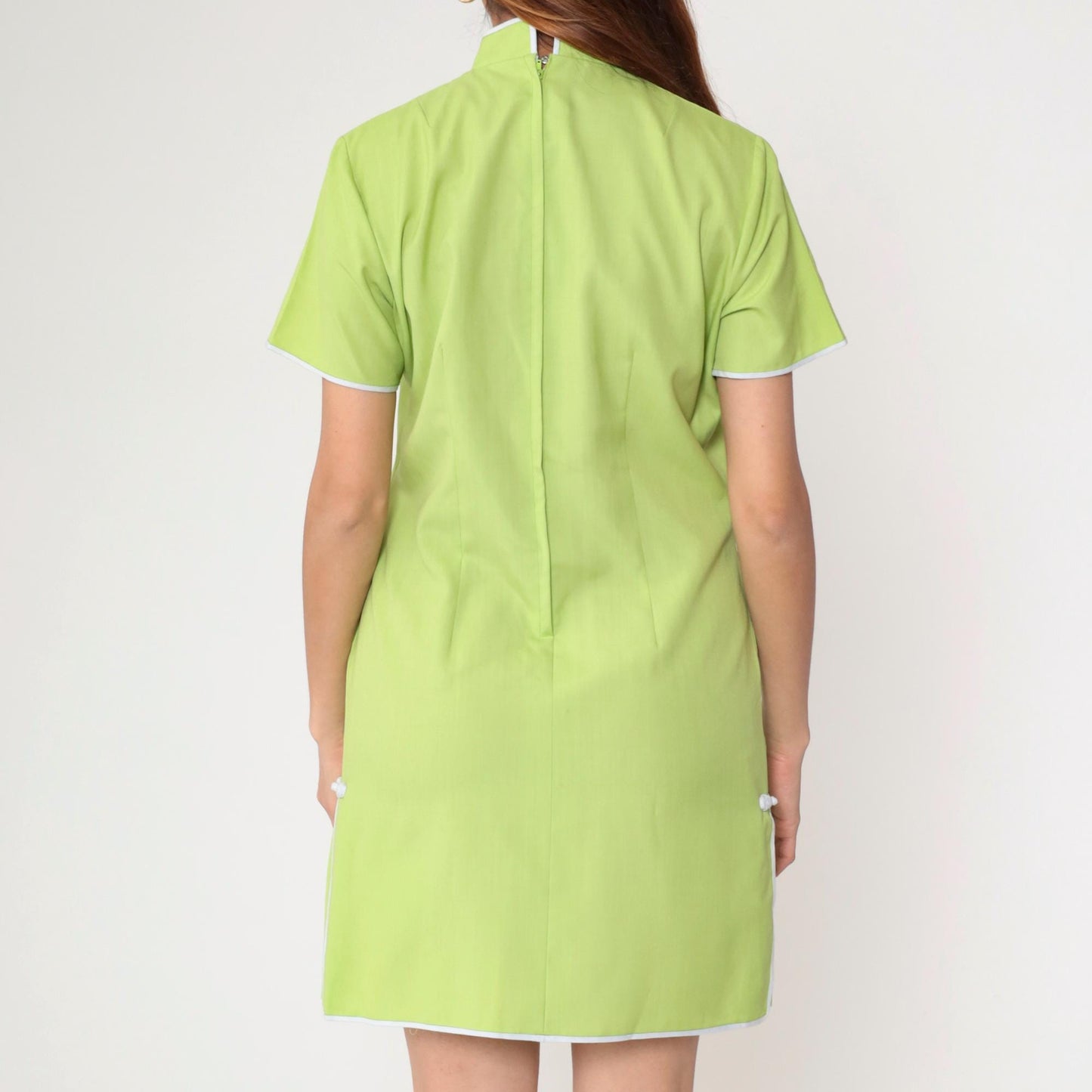 90s Lime Green Bamboo Embroidered Cheongsam Mini Dress Mandarin Collar Medium M