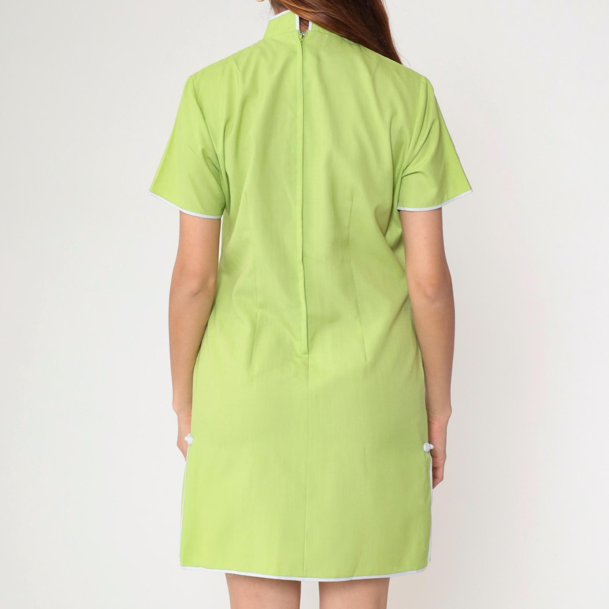 90s Lime Green Bamboo Embroidered Cheongsam Mini Dress Mandarin Collar Medium M