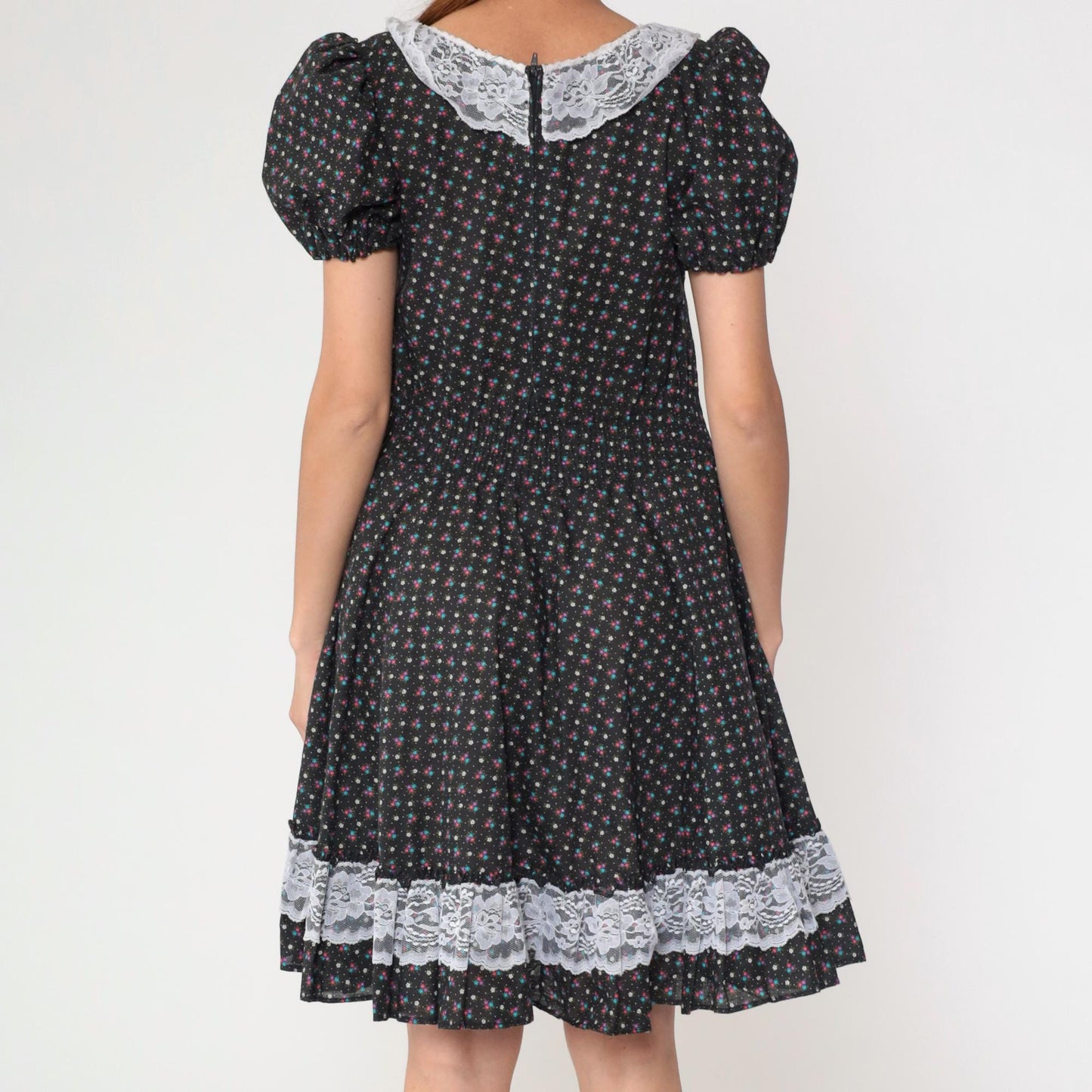70s Black Calico Floral Prairie Dress Puff Sleeve High Waist Mini Small Medium
