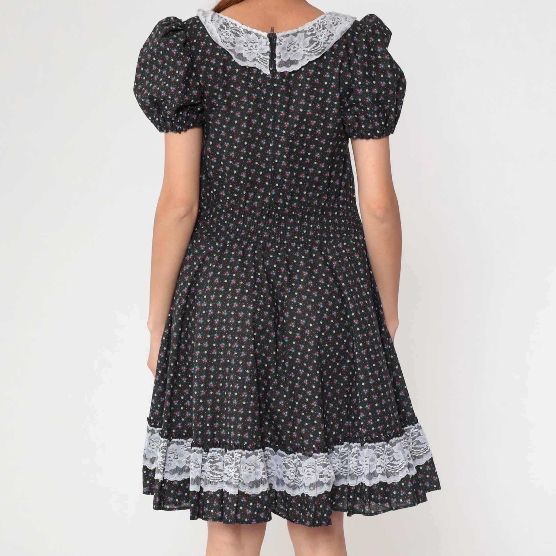 70s Black Calico Floral Prairie Dress Puff Sleeve High Waist Mini Small Medium