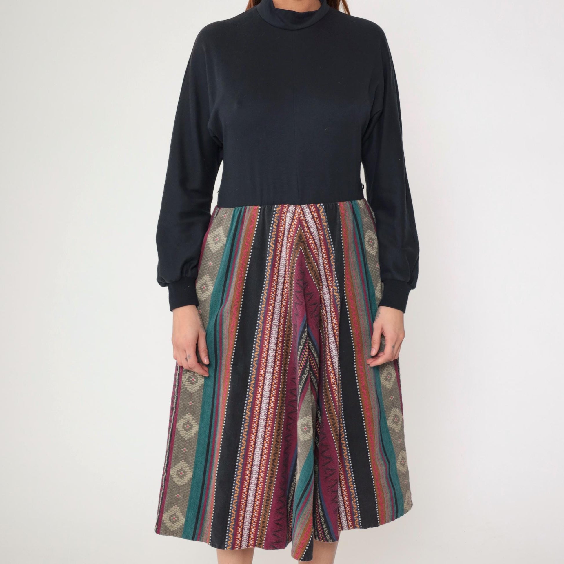 80s Orvis Chevron Stripe Midi Dress Mock Neck Long Sleeve Black Bodice Small