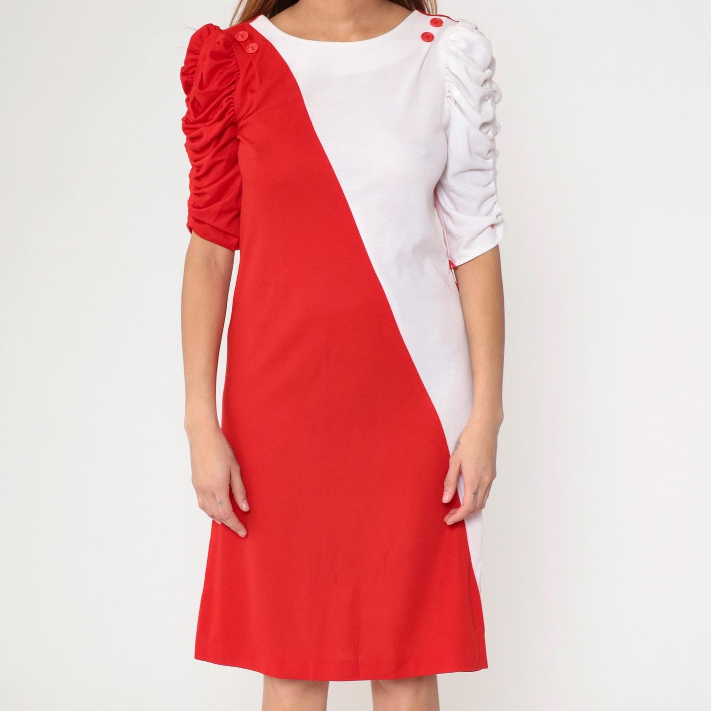80s Color Block Red White Knee-Length Dress Puff Sleeve Sheath Small