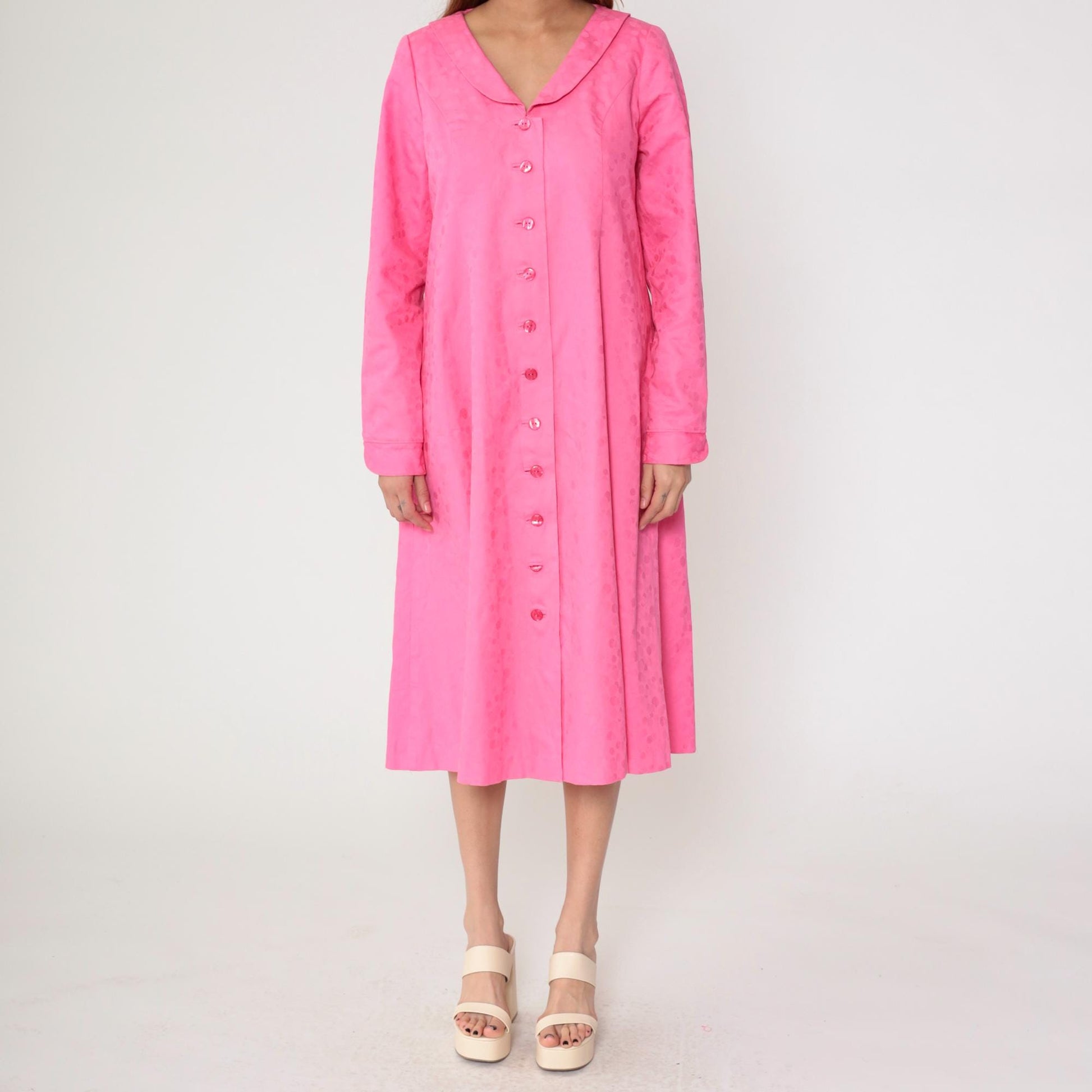 90s Fuchsia Jacquard Polka Dot Button-Up Midi Dress Long Sleeve Medium