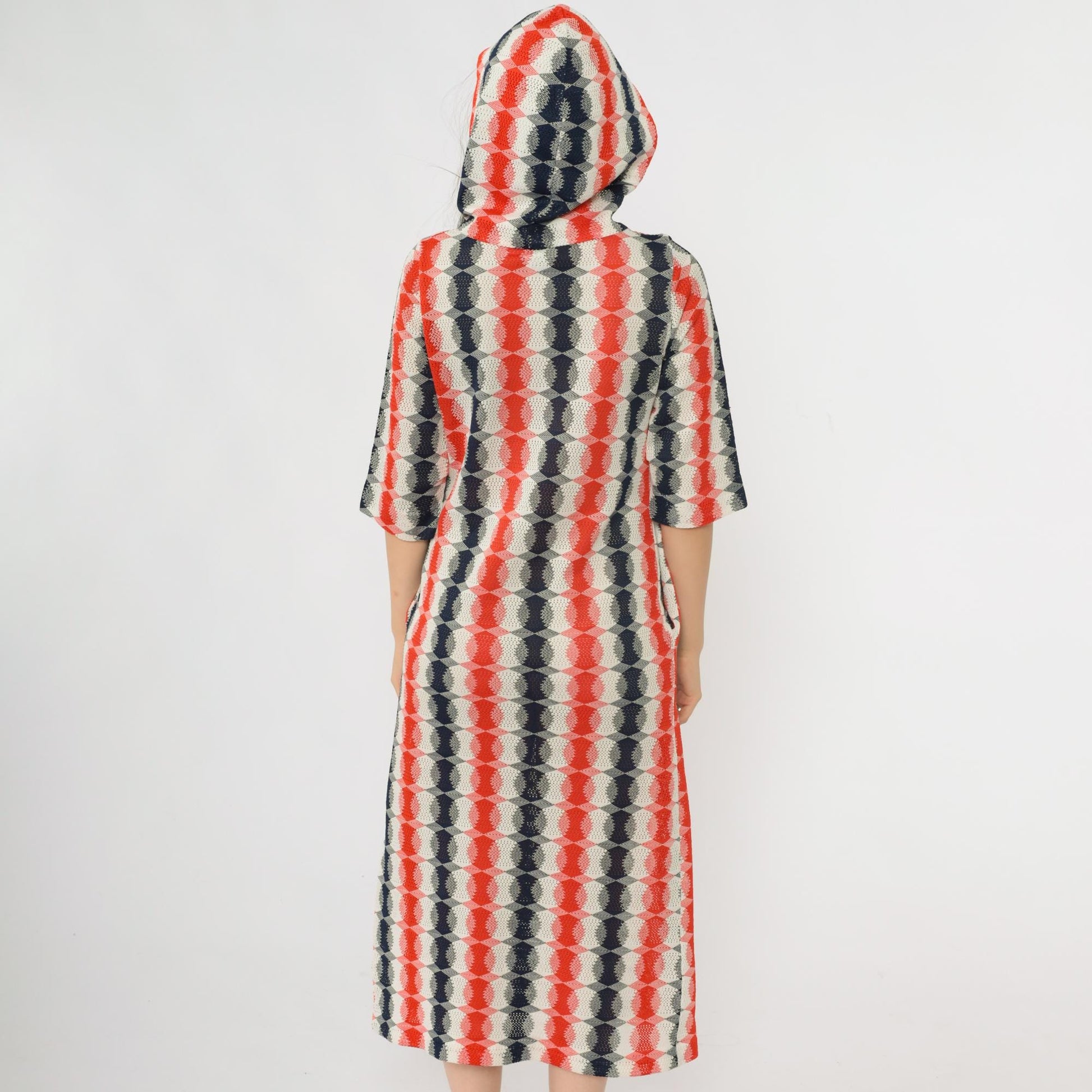 70s Mod Op Art Zip Dress Red Navy White Hooded Midi Cutout Small