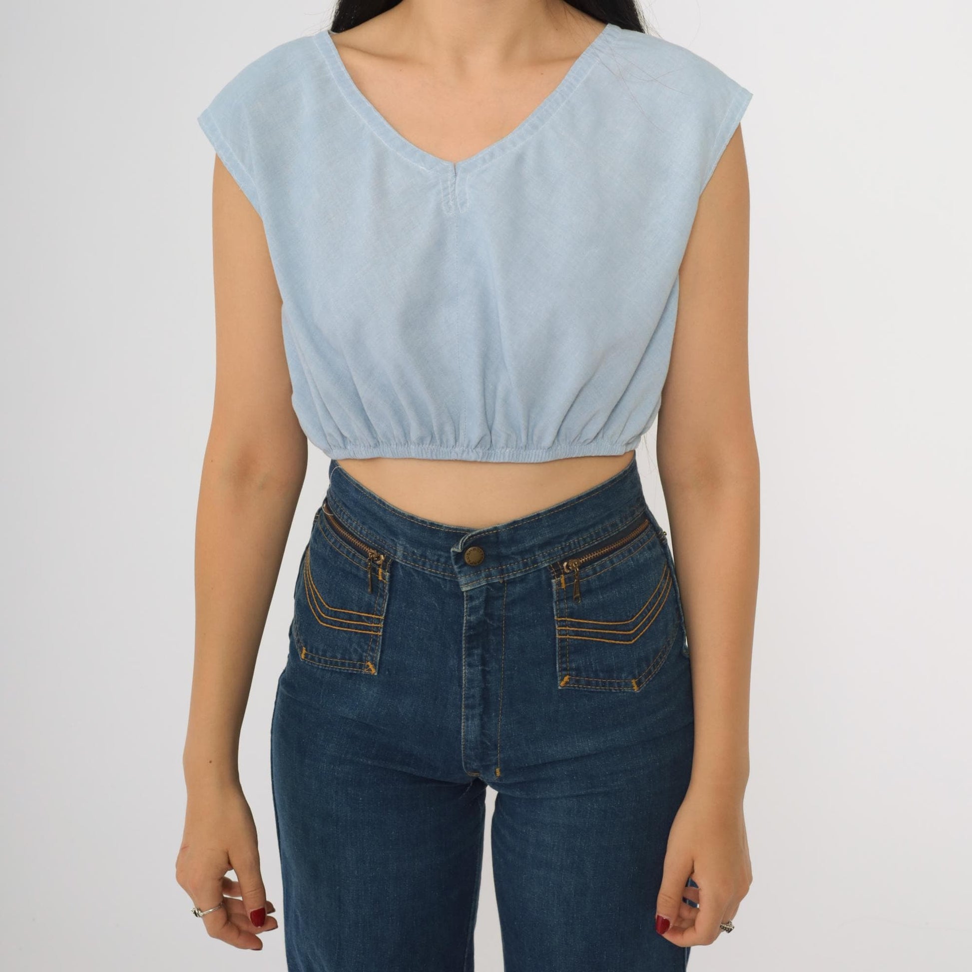 80s Light Blue Crop Top V-Neck Cap Sleeve Small
