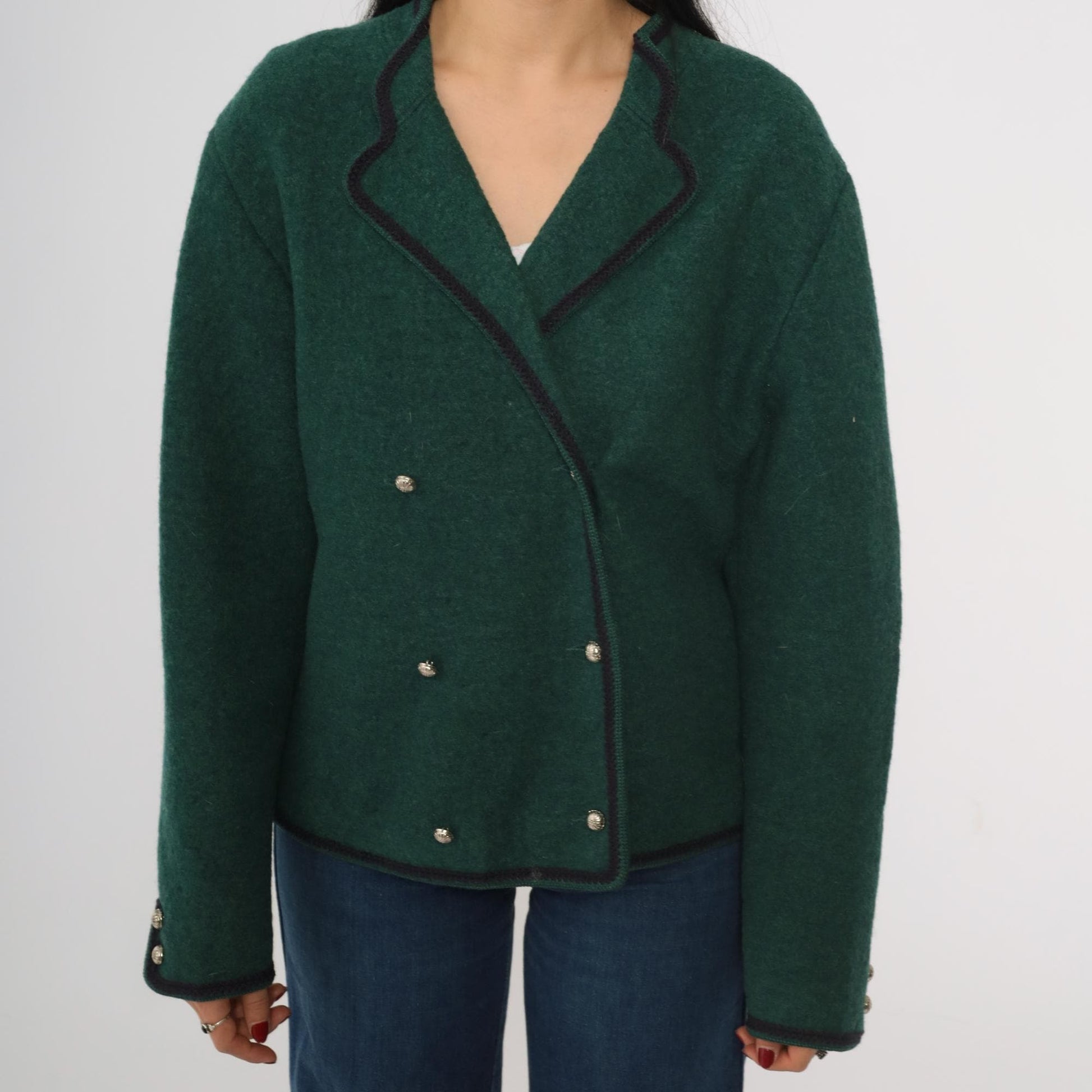 80s Lands' End Austrian Wool Jacket Double Breasted Green Tyrolean Blazer Large 12